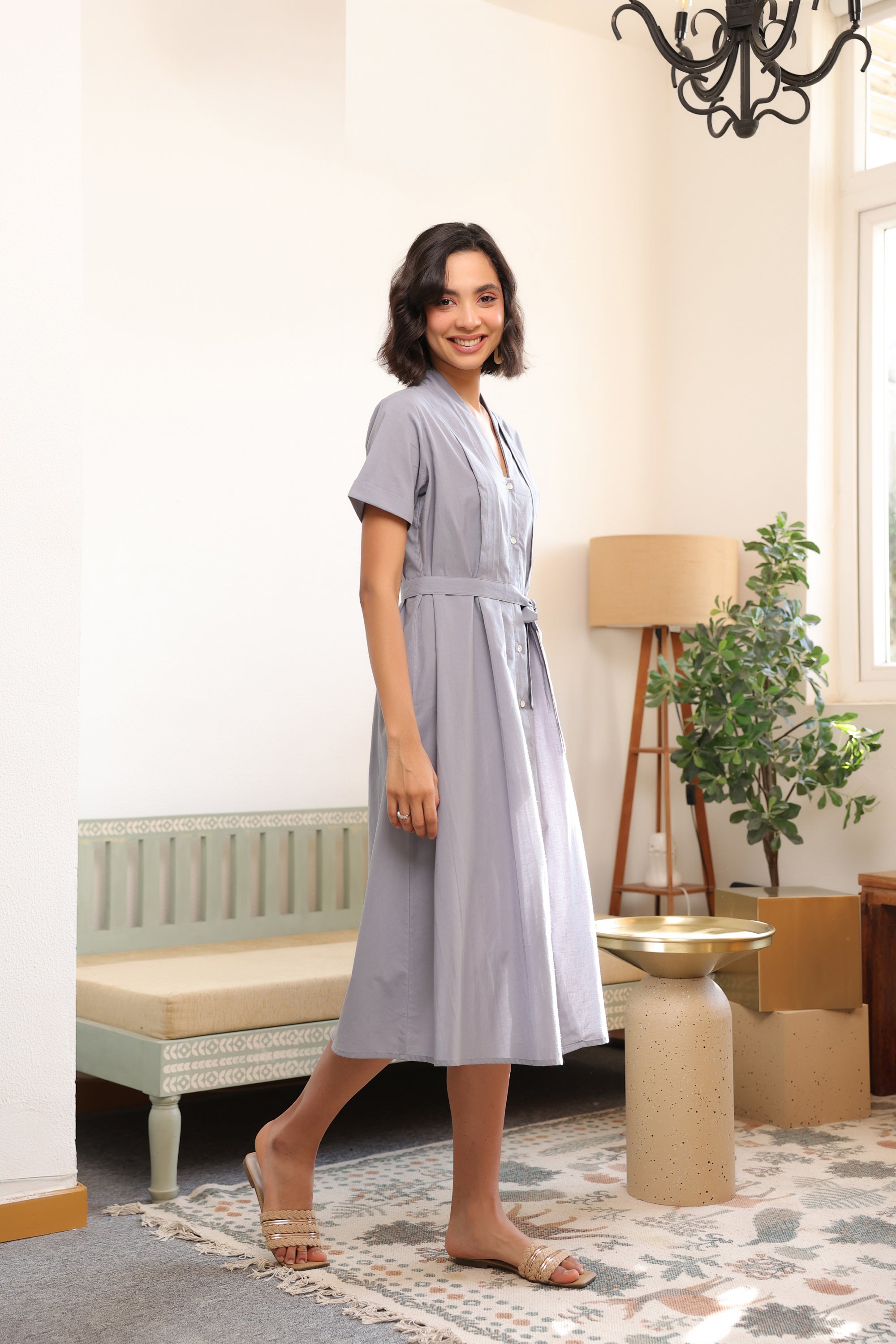 Mist Grey Button-Down Cotton Dress