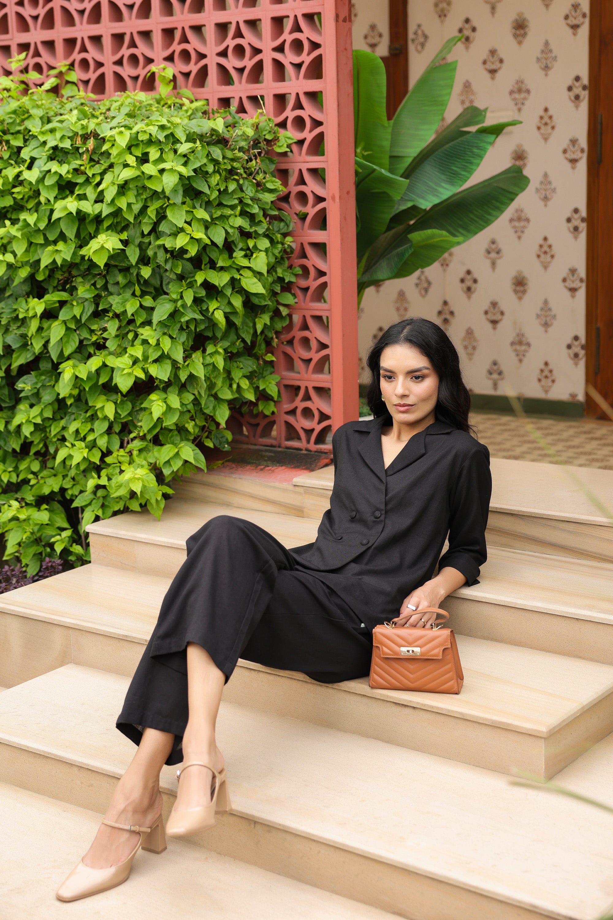 Double-Breasted Blazer Black Solid Cotton Flex Co-ord Set