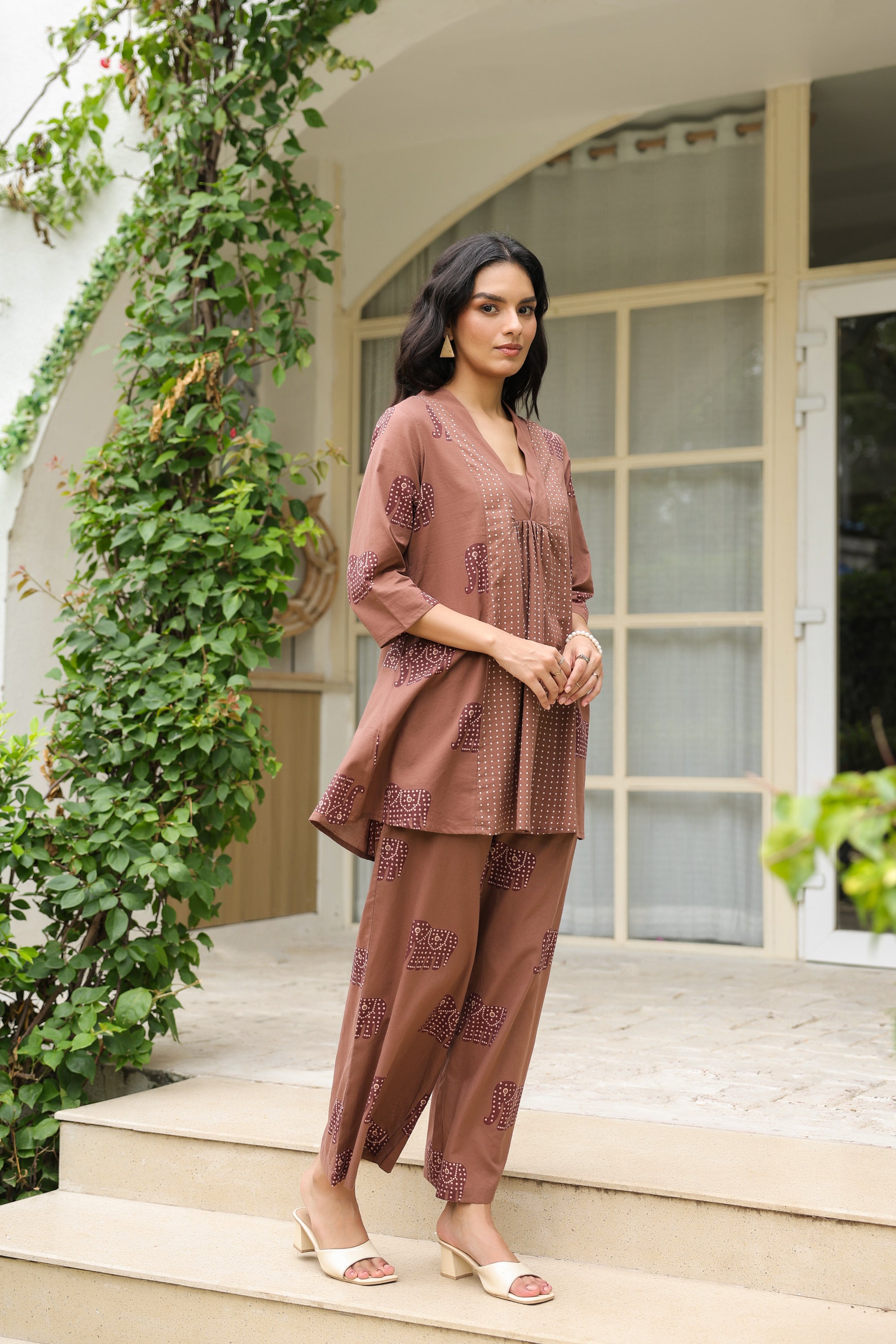 Mocha Elephant Printed Cotton Co-ord Set