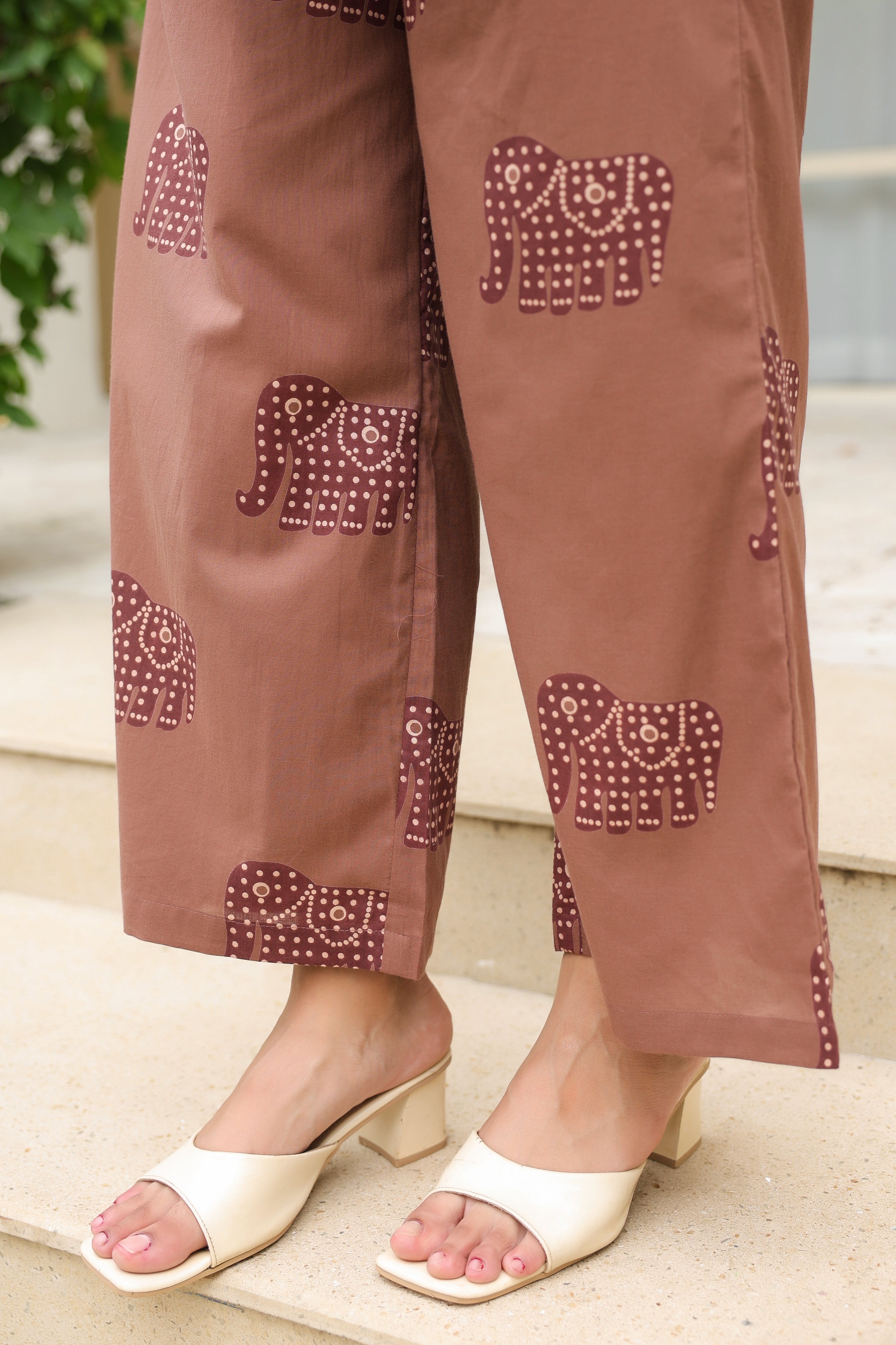 Brown Elephant Motif Printed Cotton Co-ord Set