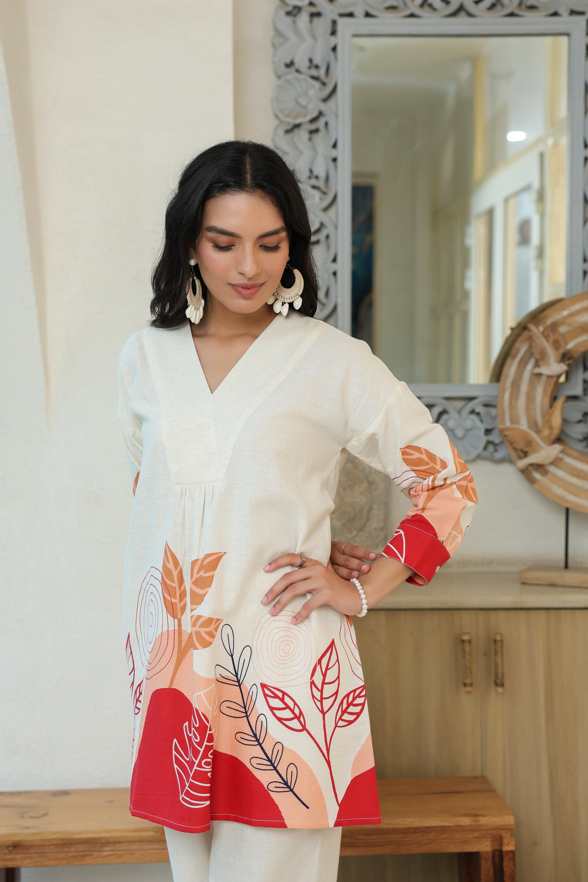 Leafs Printed Off-White Cotton Flex Co-ord Set