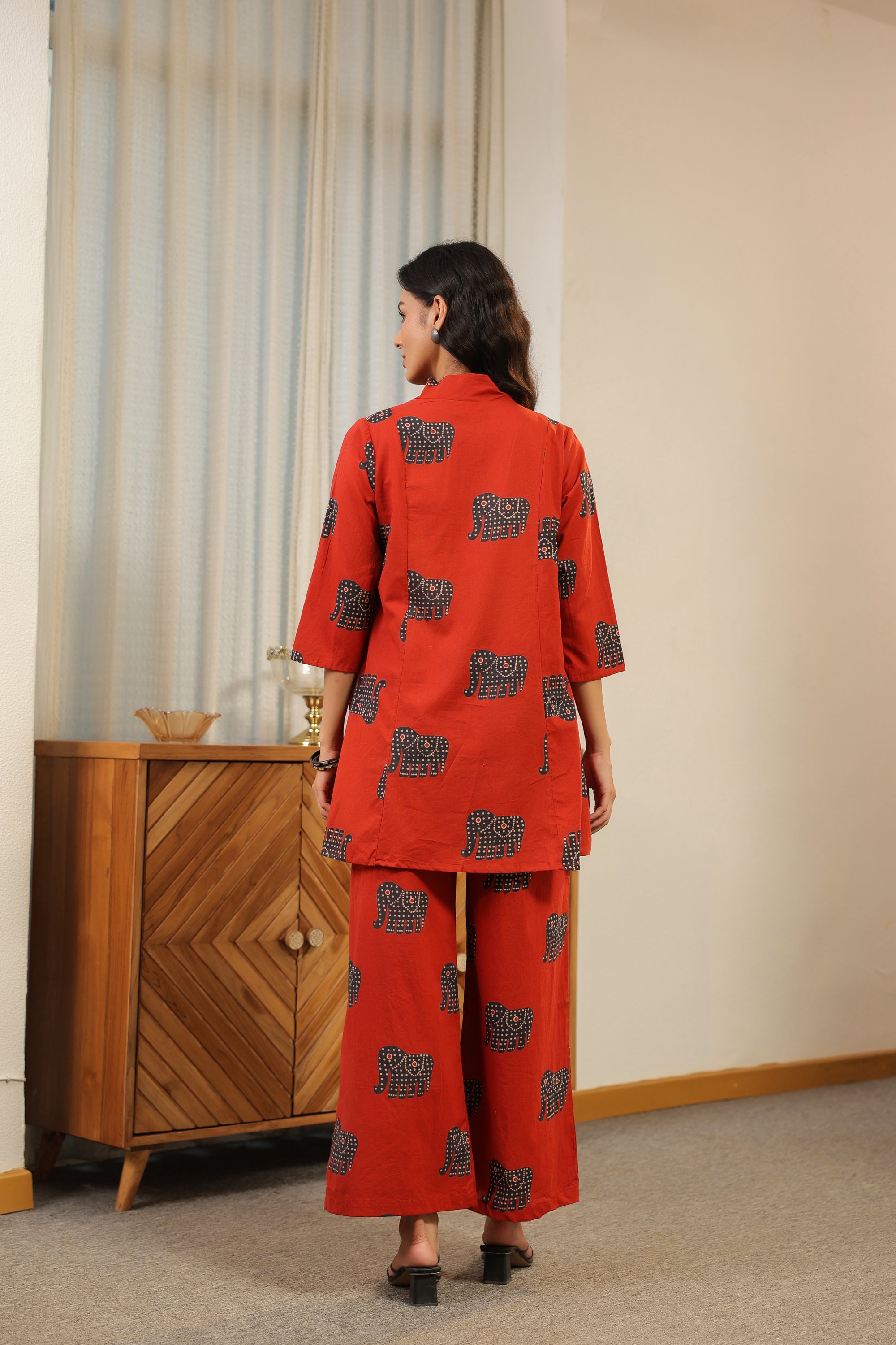Red Printed with Elephant Motif Cotton Co-ord Set