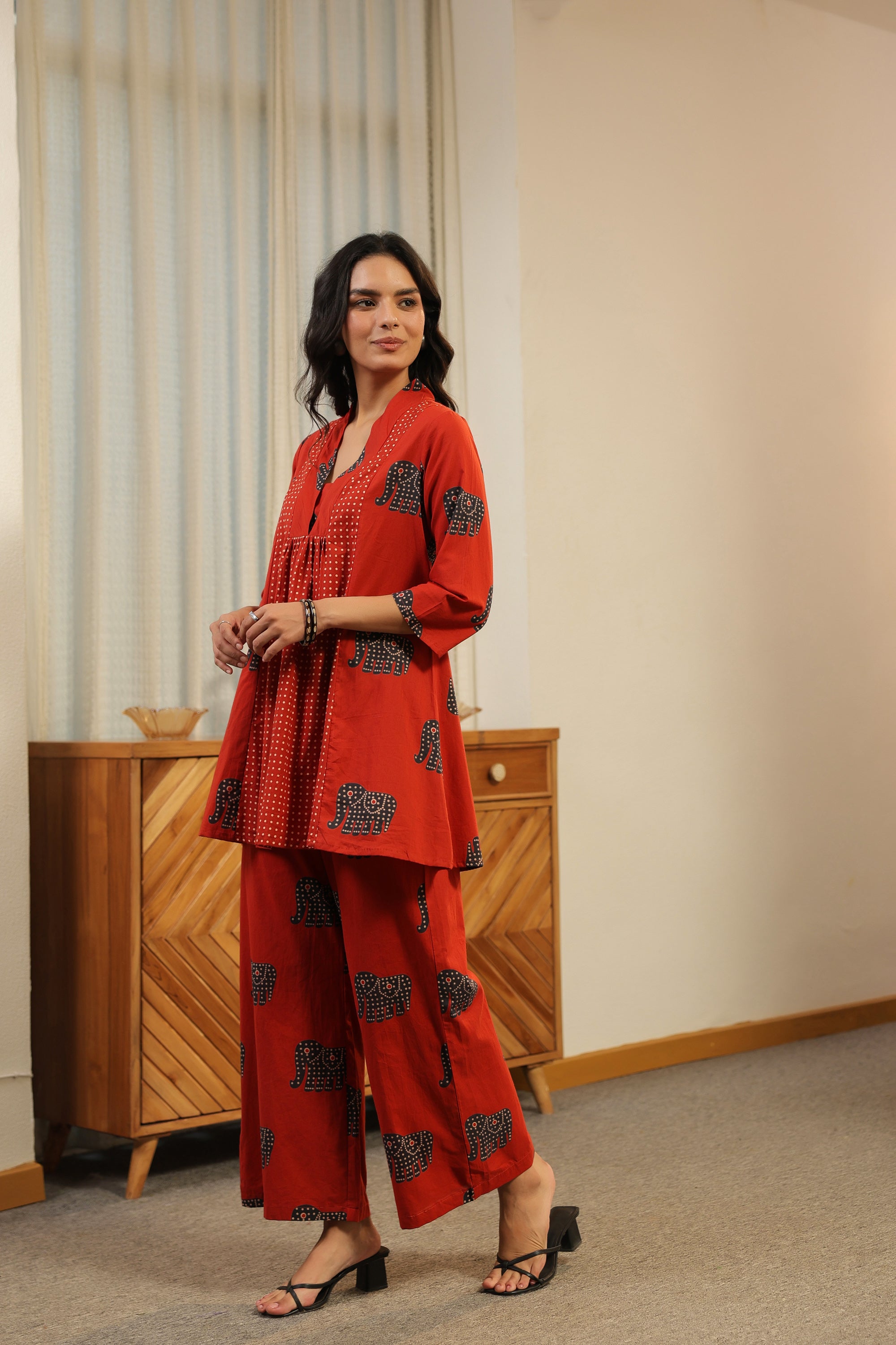 Red Printed with Elephant Motif Cotton Co-ord Set