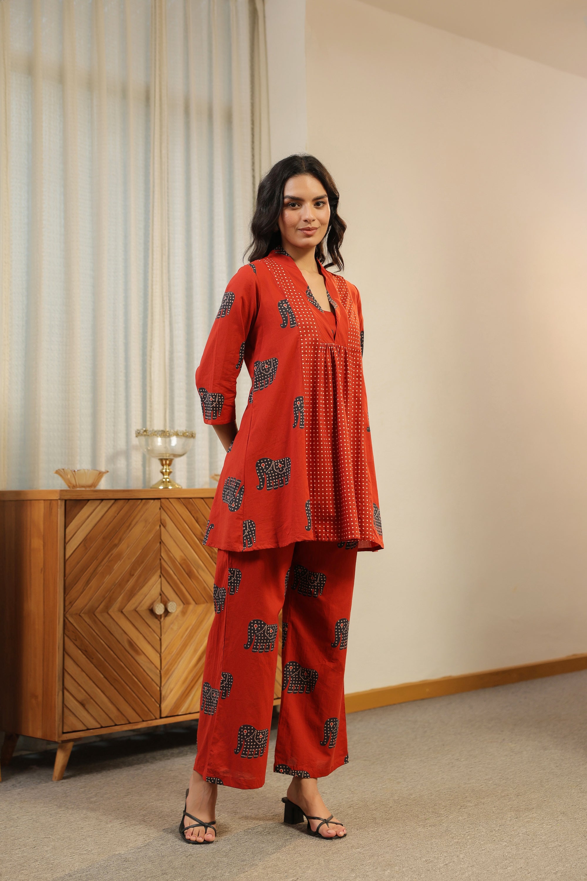 Red Printed with Elephant Motif Cotton Co-ord Set