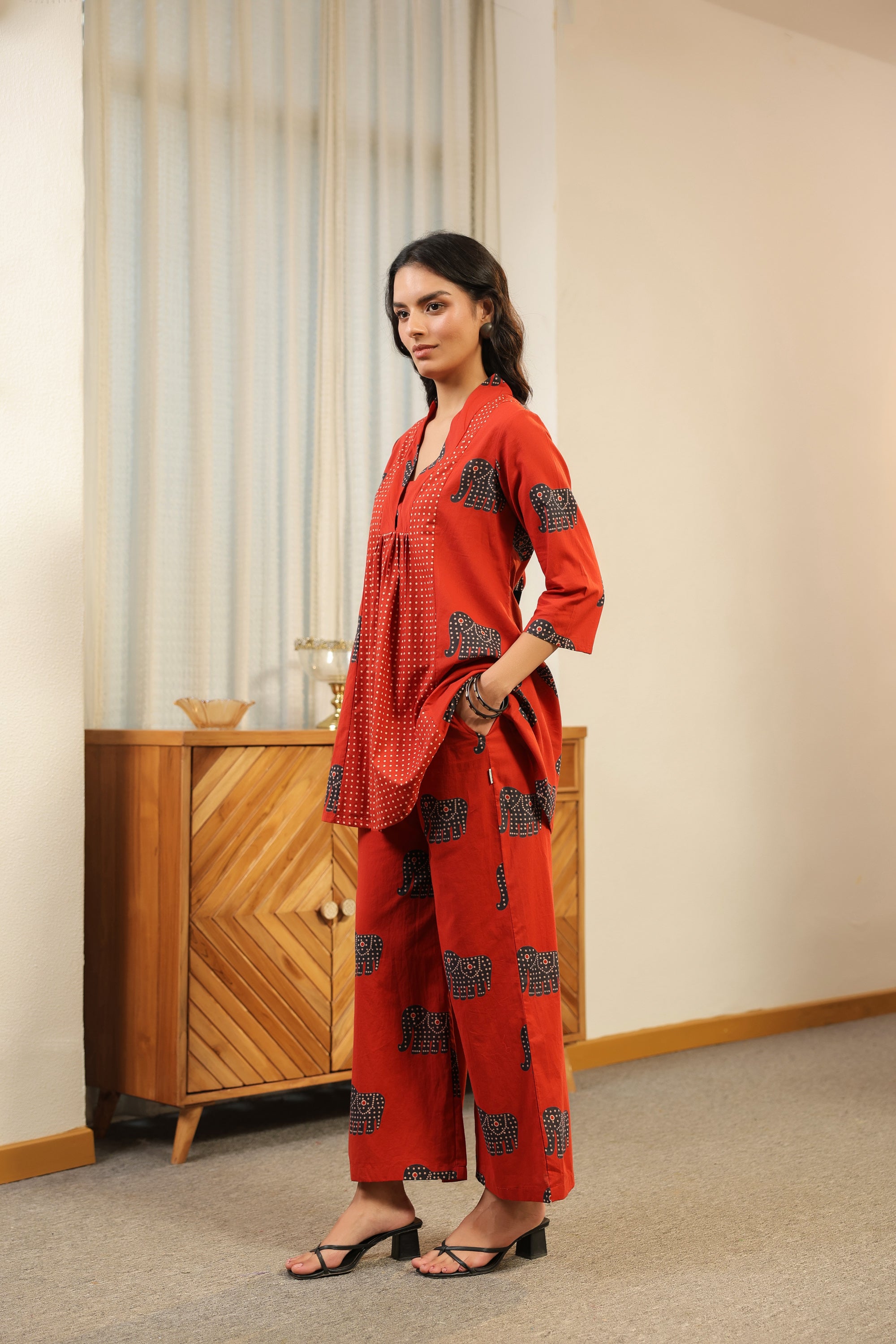 Red Printed with Elephant Motif Cotton Co-ord Set