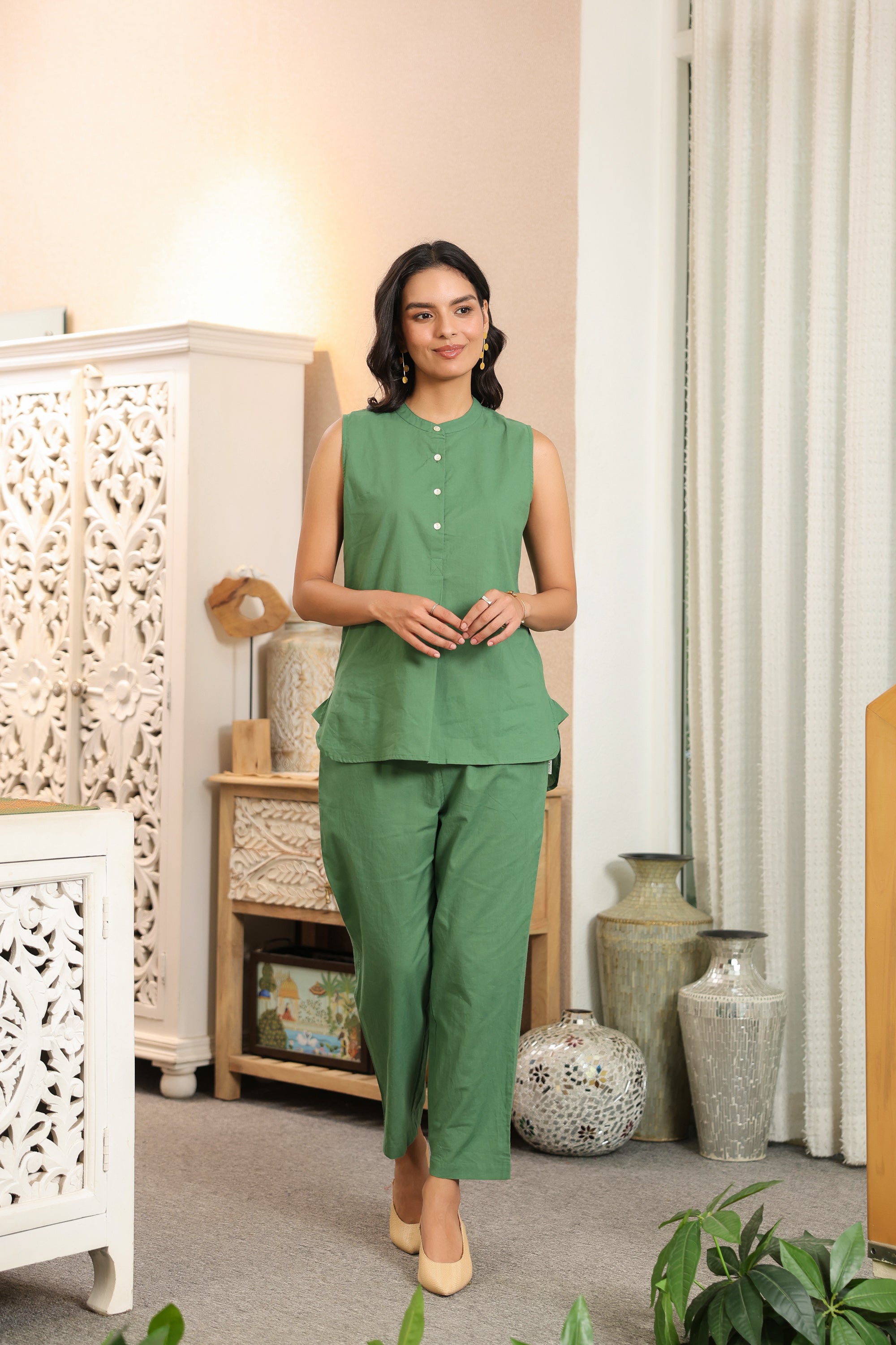 Solid Green Sleeveless Cotton Co-ord Set