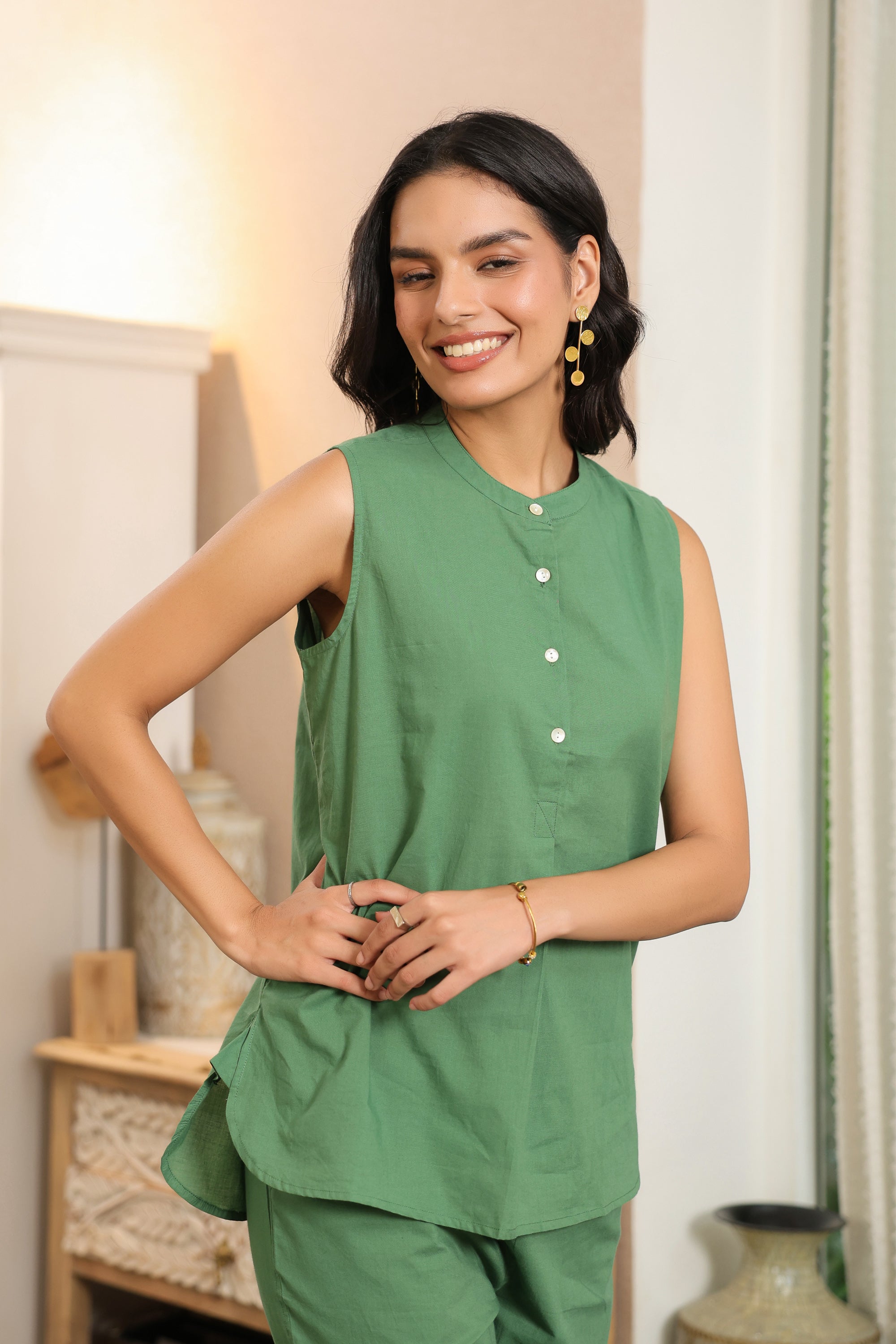 Solid Green Sleeveless Cotton Co-ord Set
