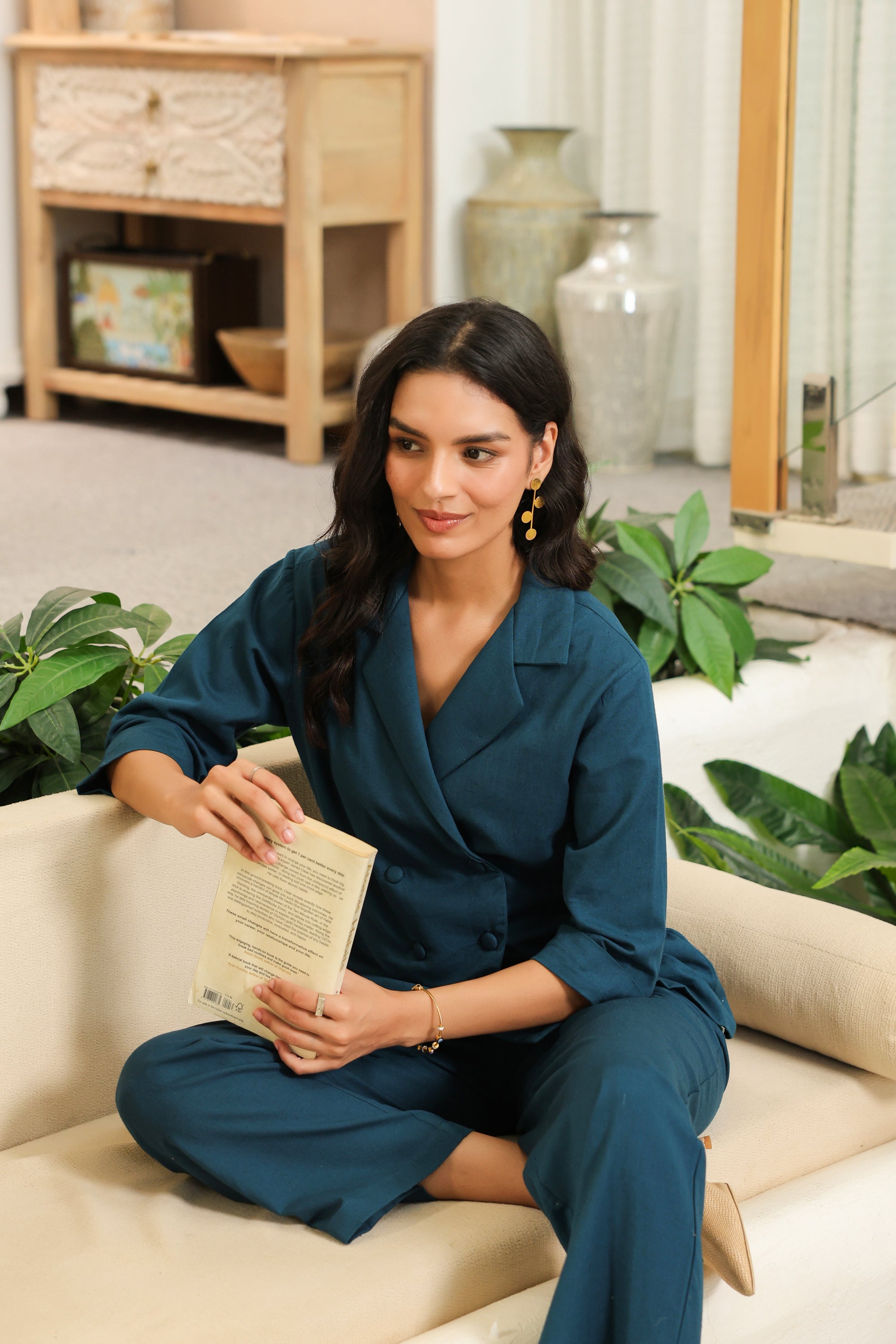 Solid Teal Blue Double-Breasted Cotton Flex Co-ord Set