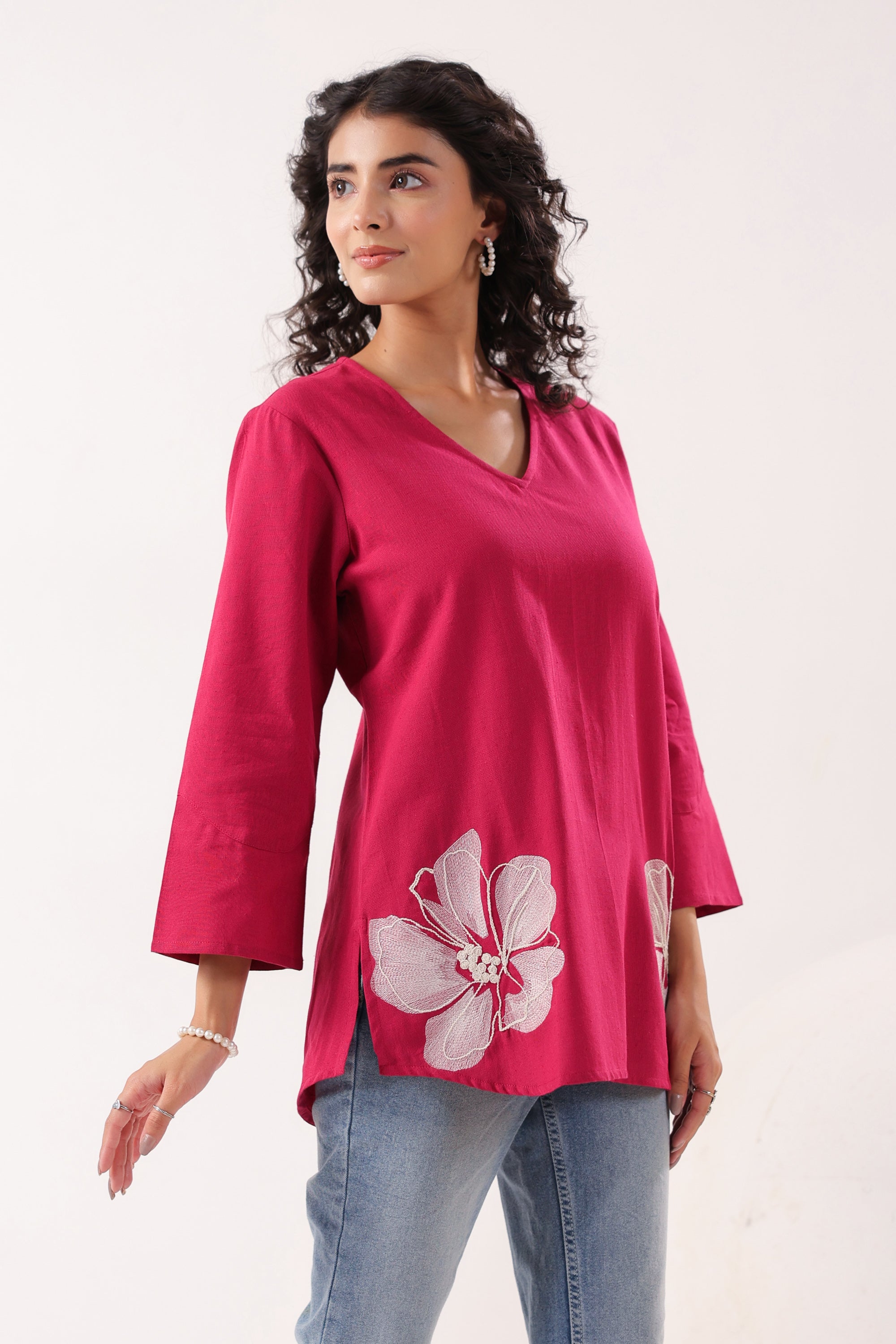 Floral Charm Maganta Cotton Flex Top