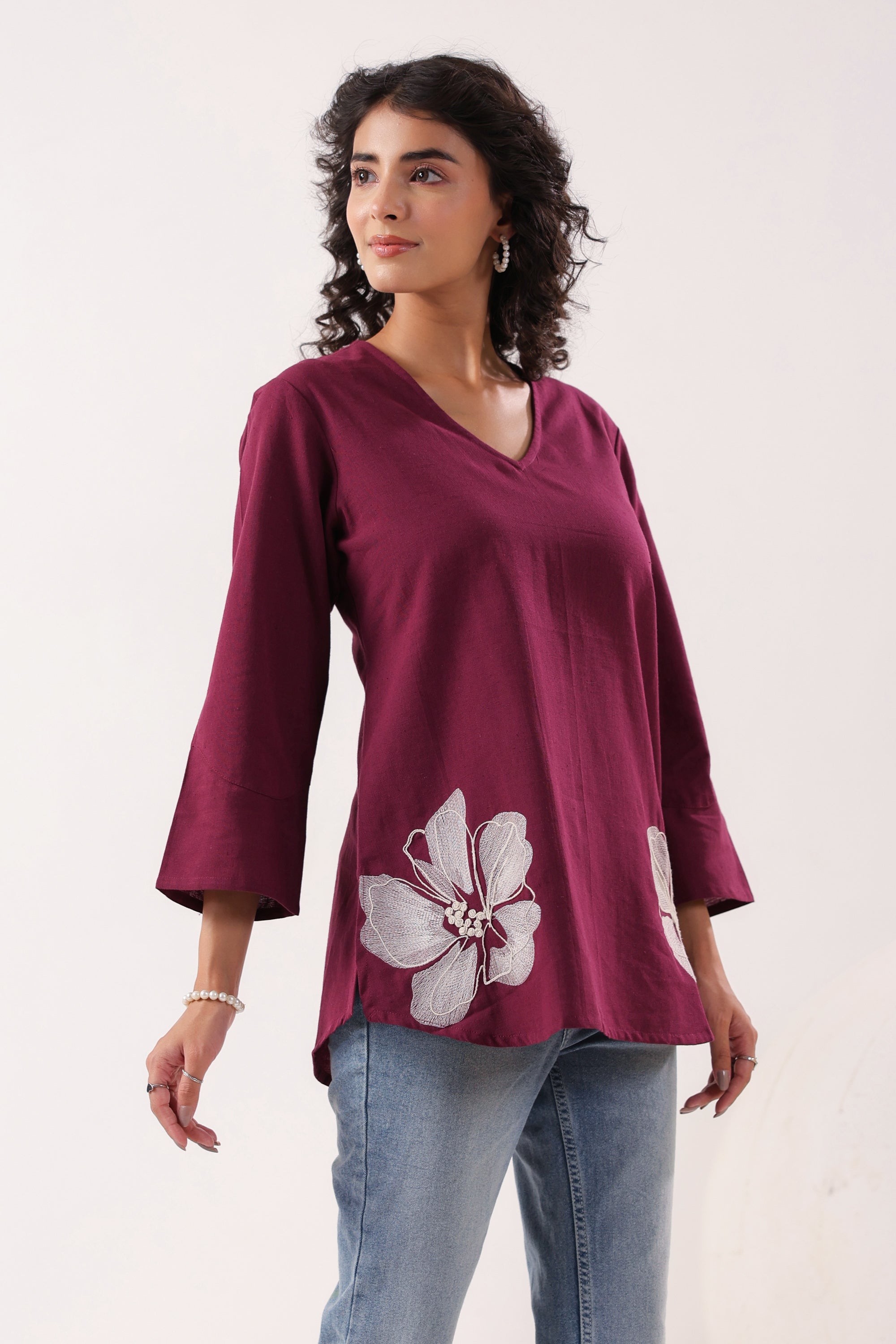 Petal Touch Embroidered Wine Cotton Flex Top
