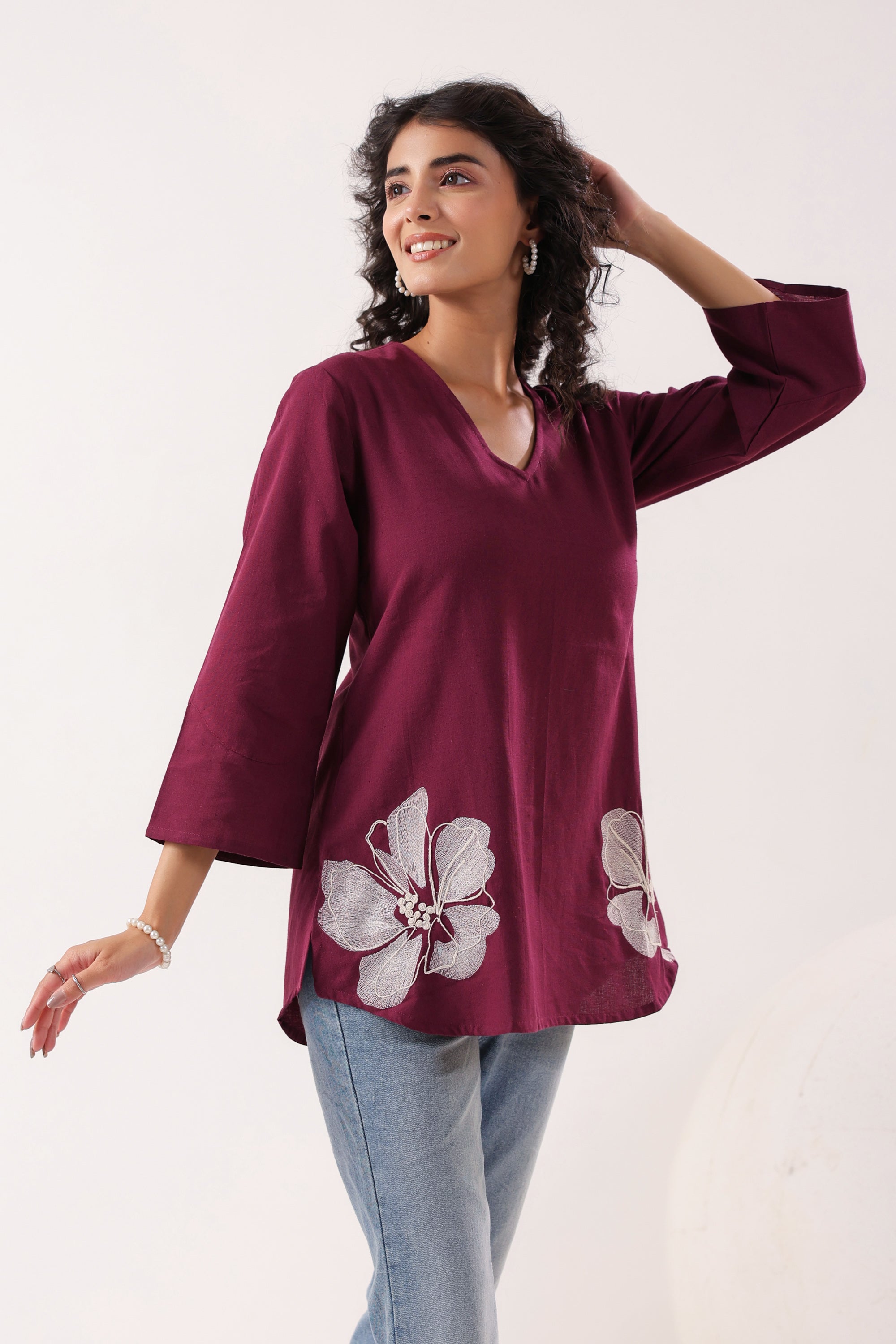 Petal Touch Embroidered Wine Cotton Flex Top