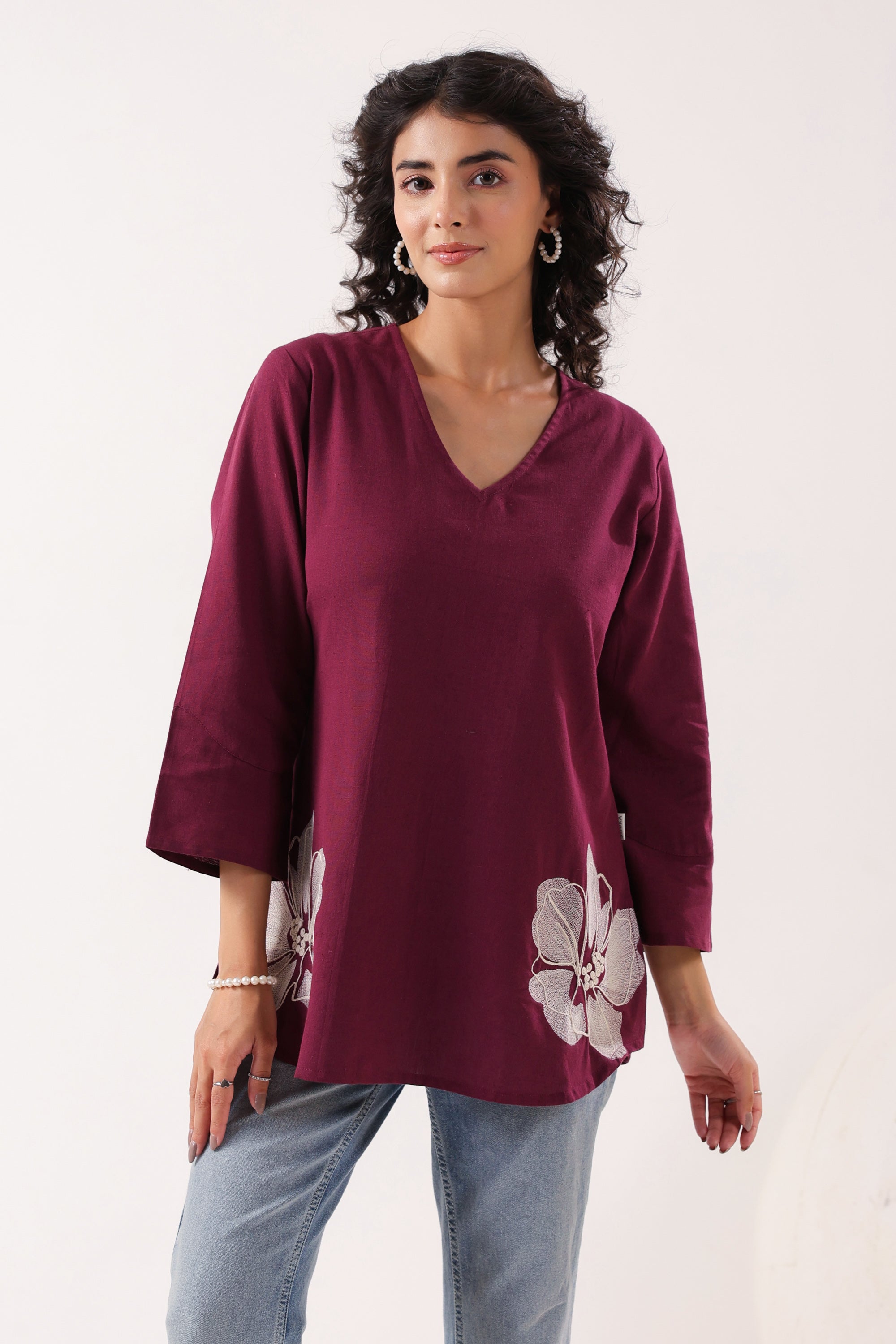 Petal Touch Embroidered Wine Cotton Flex Top