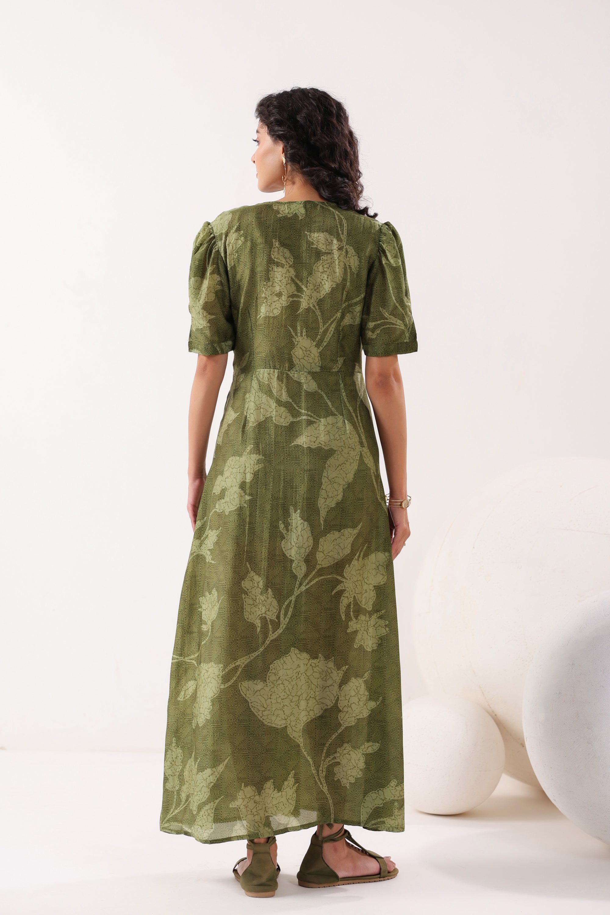 Olive Green Floral Silk Sundress