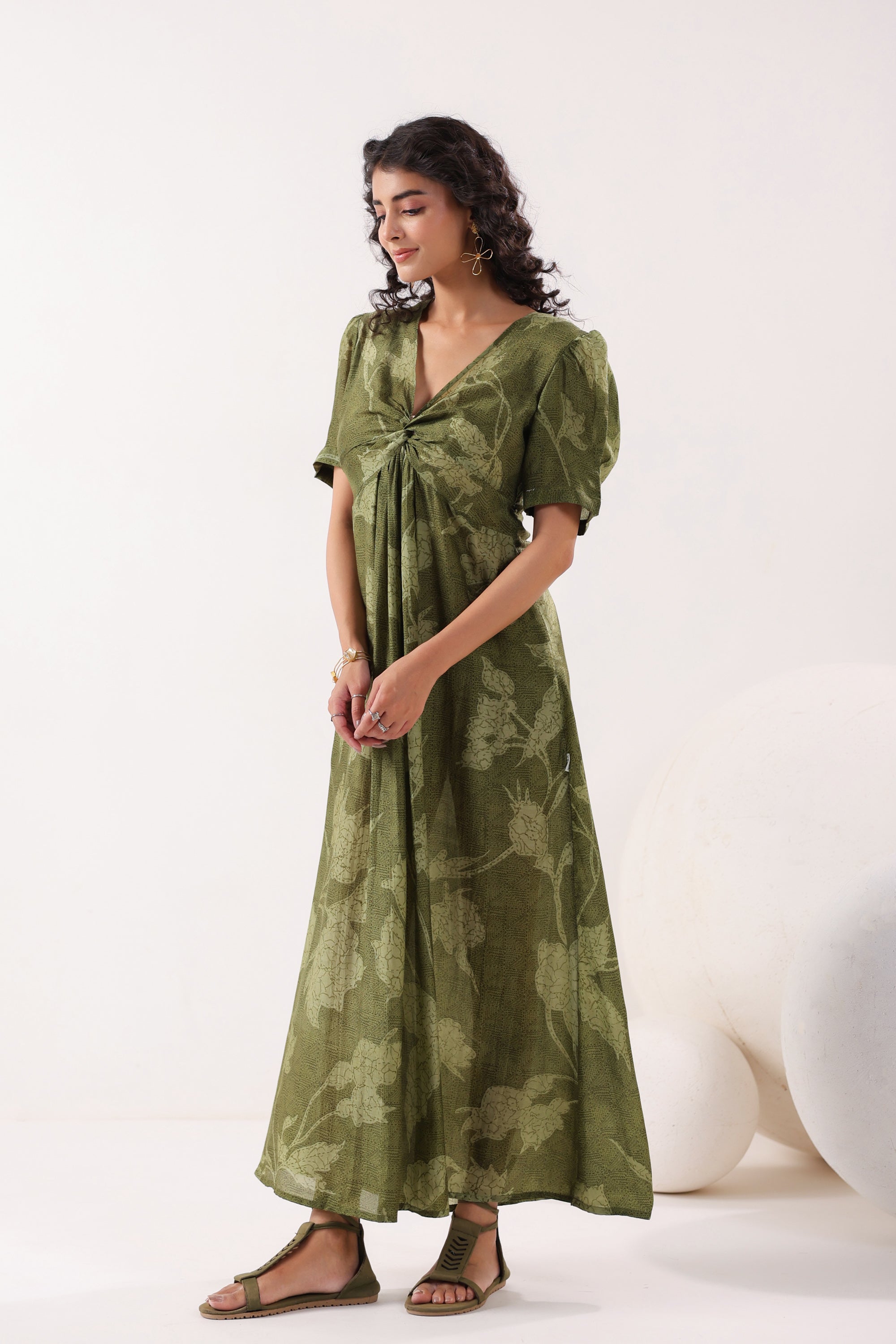 Olive Green Floral Silk Sundress