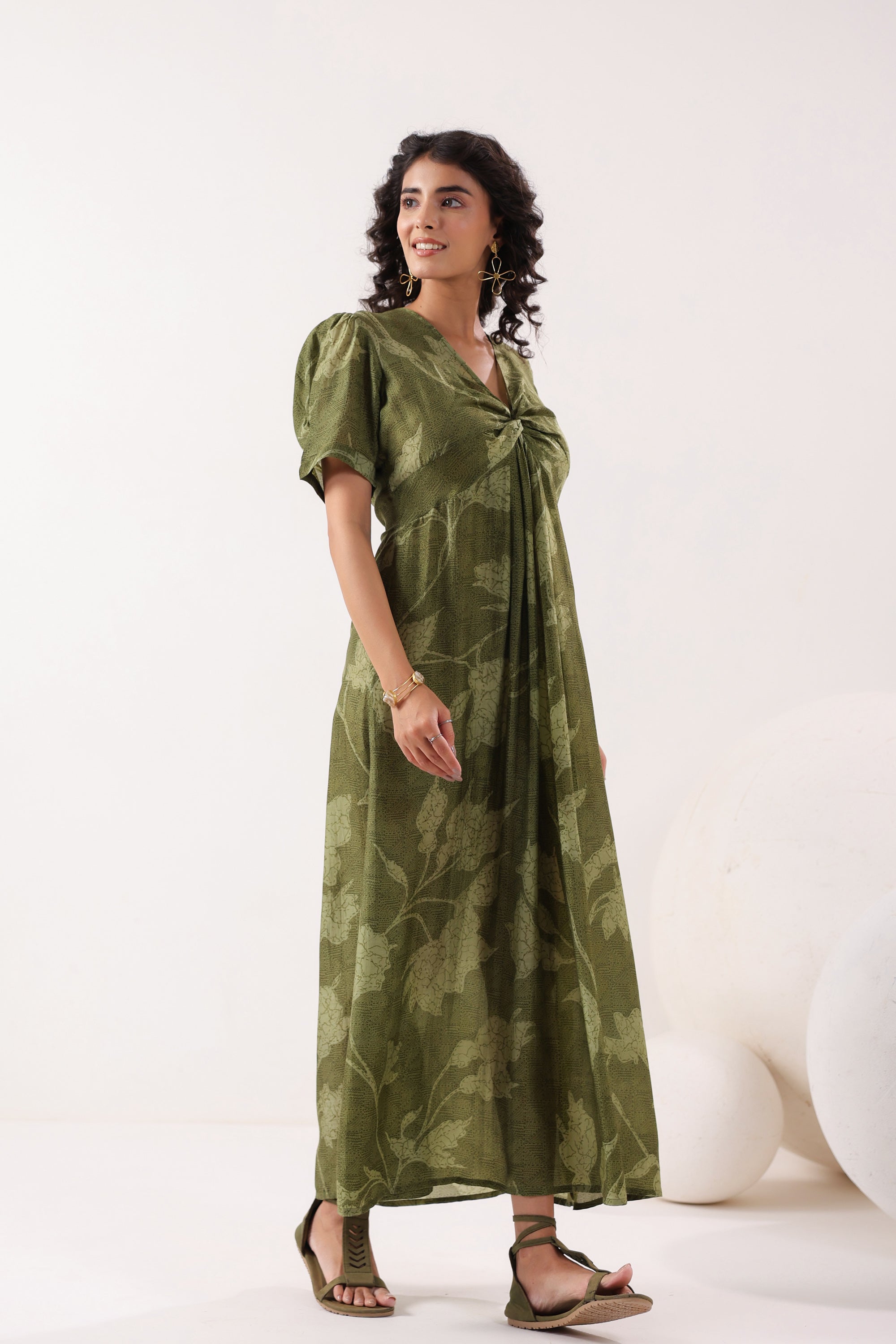 Olive Green Floral Silk Sundress
