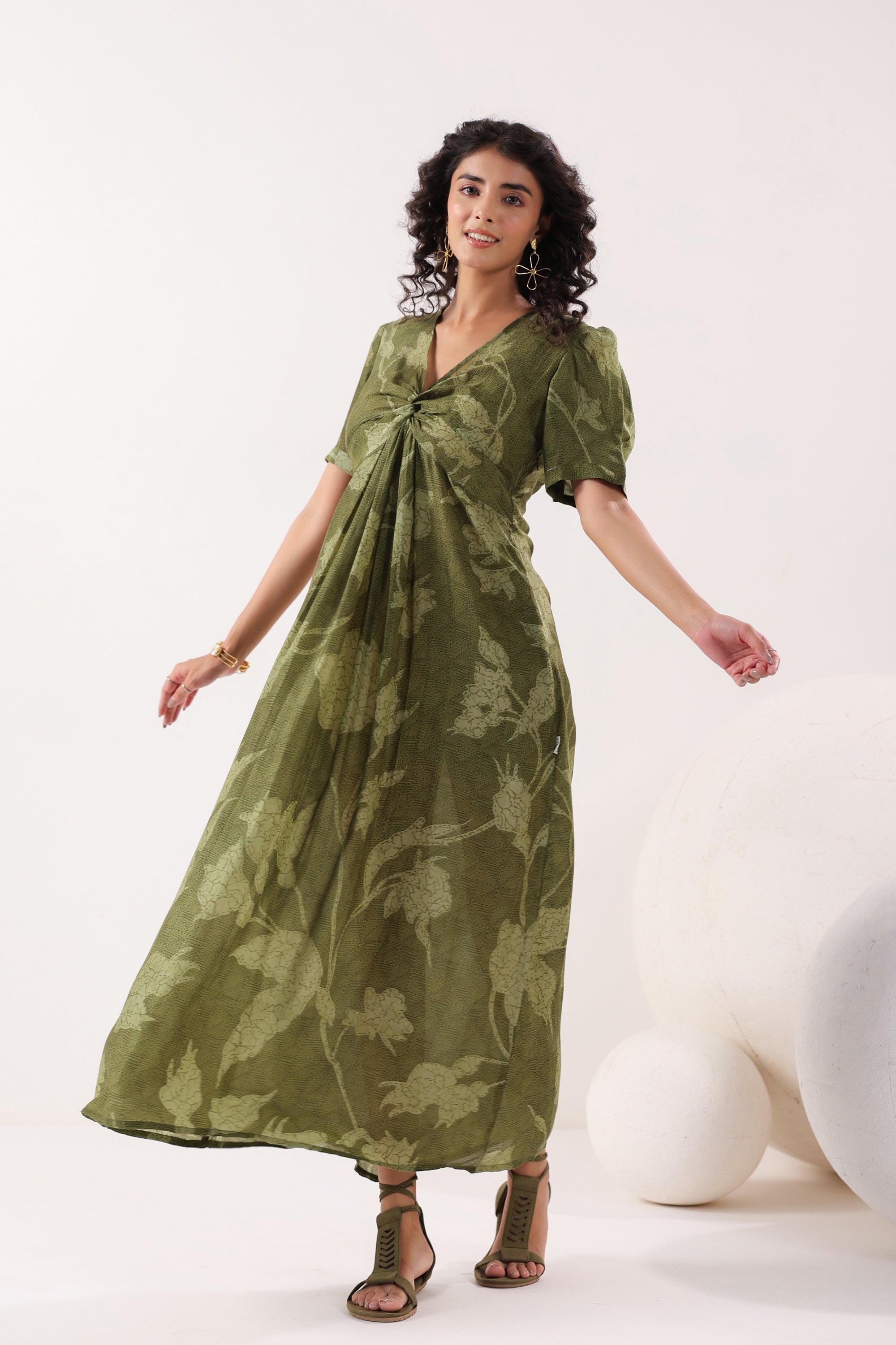 Olive Green Floral Silk Sundress