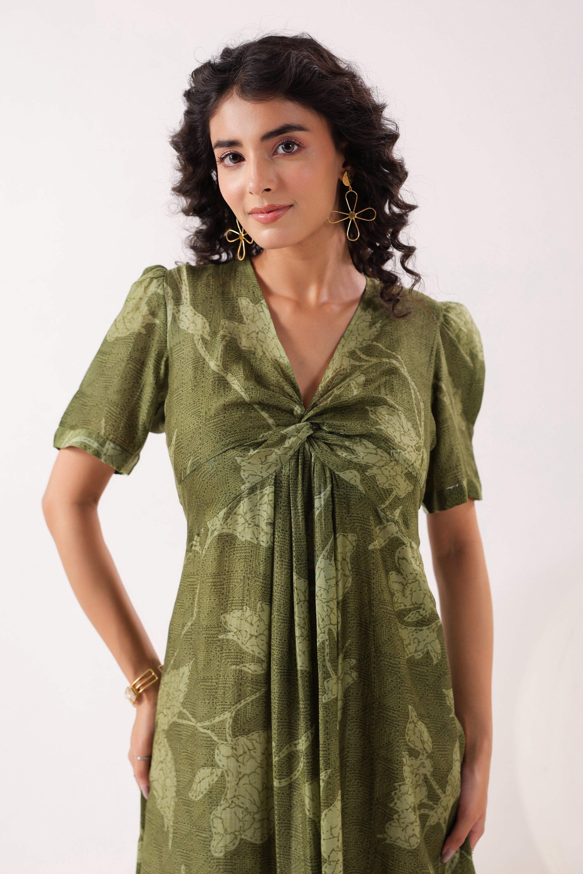 Olive Green Floral Silk Sundress