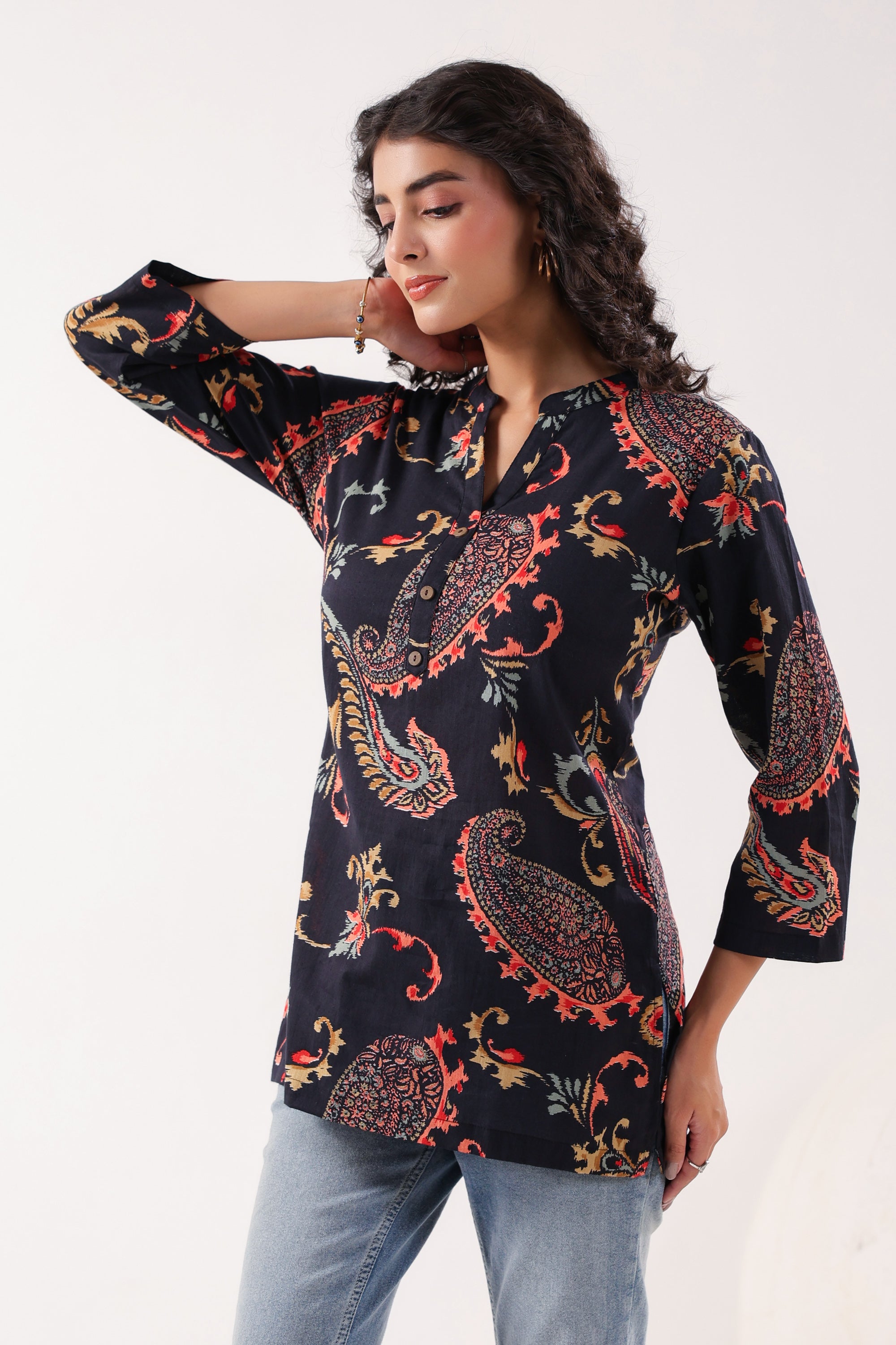 Dark Paisley Floral Printed Cotton Black Top