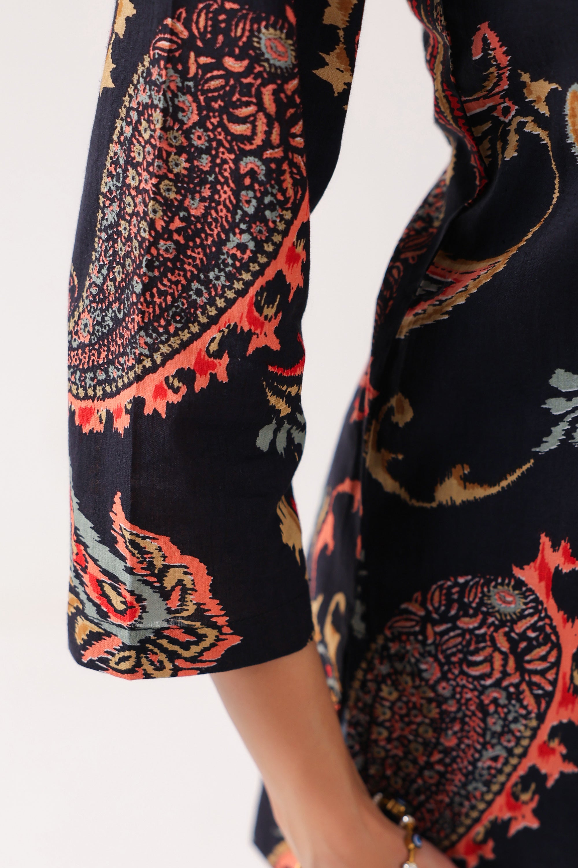 Dark Paisley Floral Printed Cotton Black Top