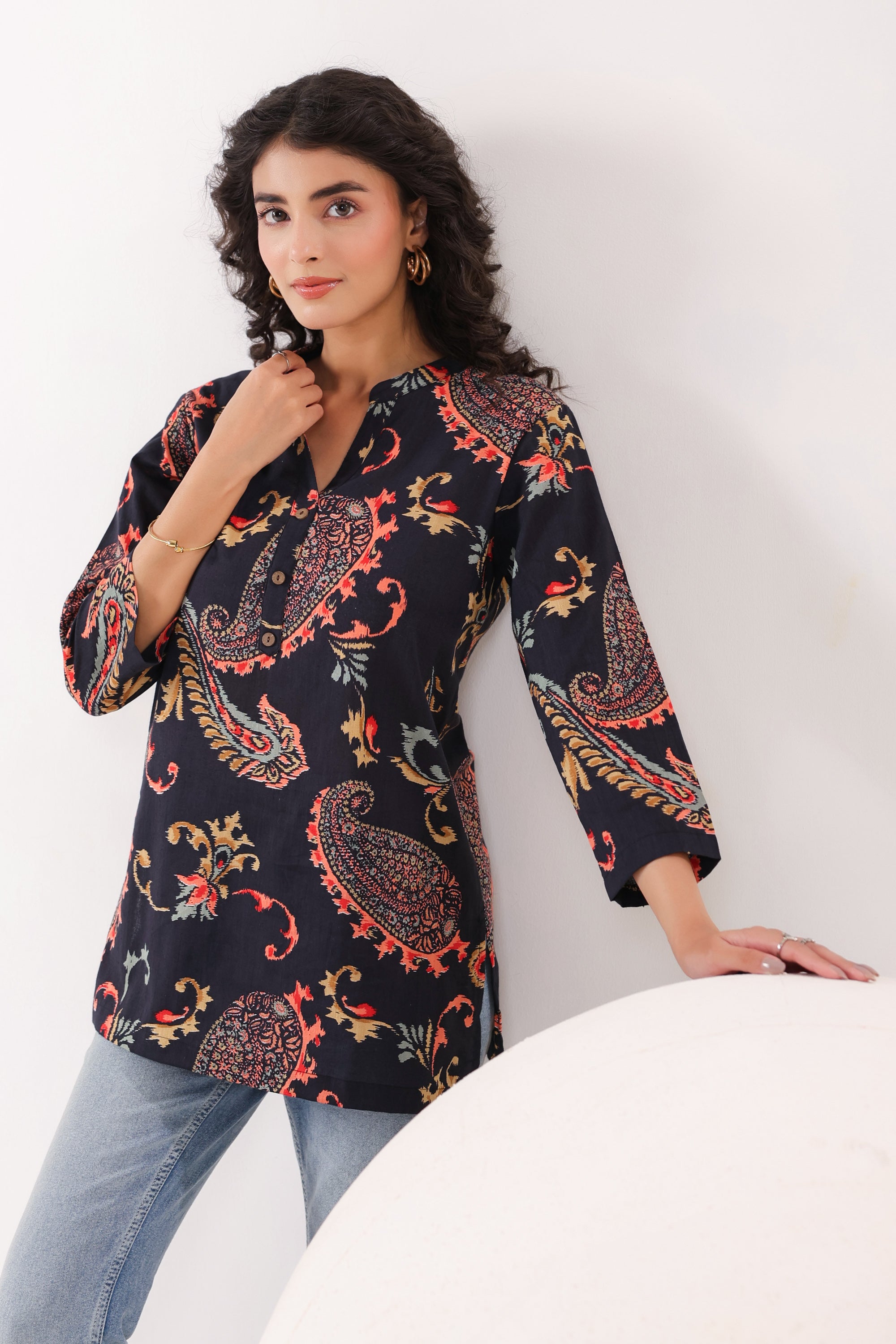 Dark Paisley Floral Printed Cotton Black Top