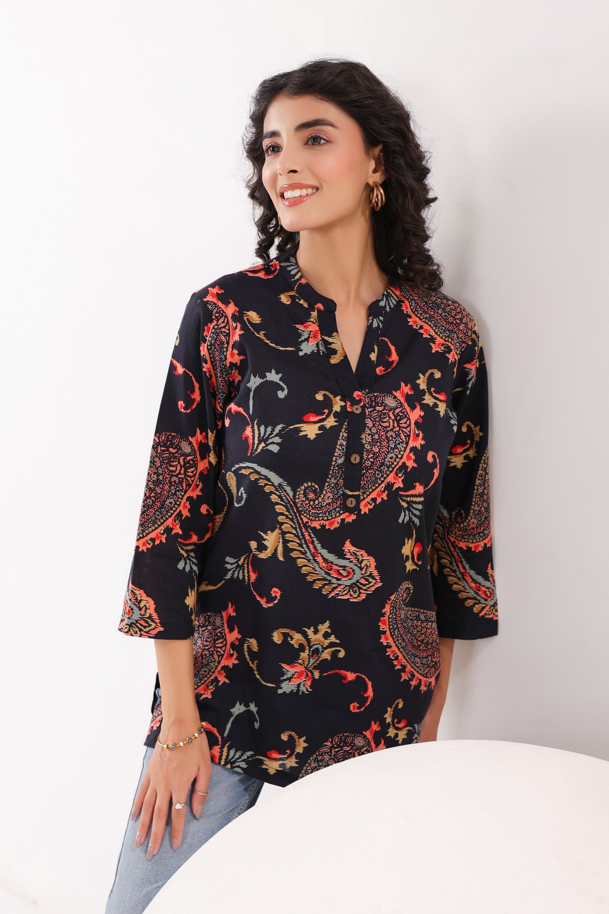 Dark Paisley Floral Printed Cotton Black Top
