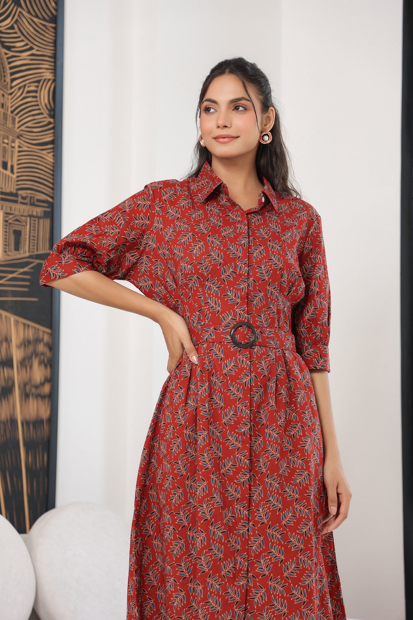 Leafy Red Cotton Midi Dress