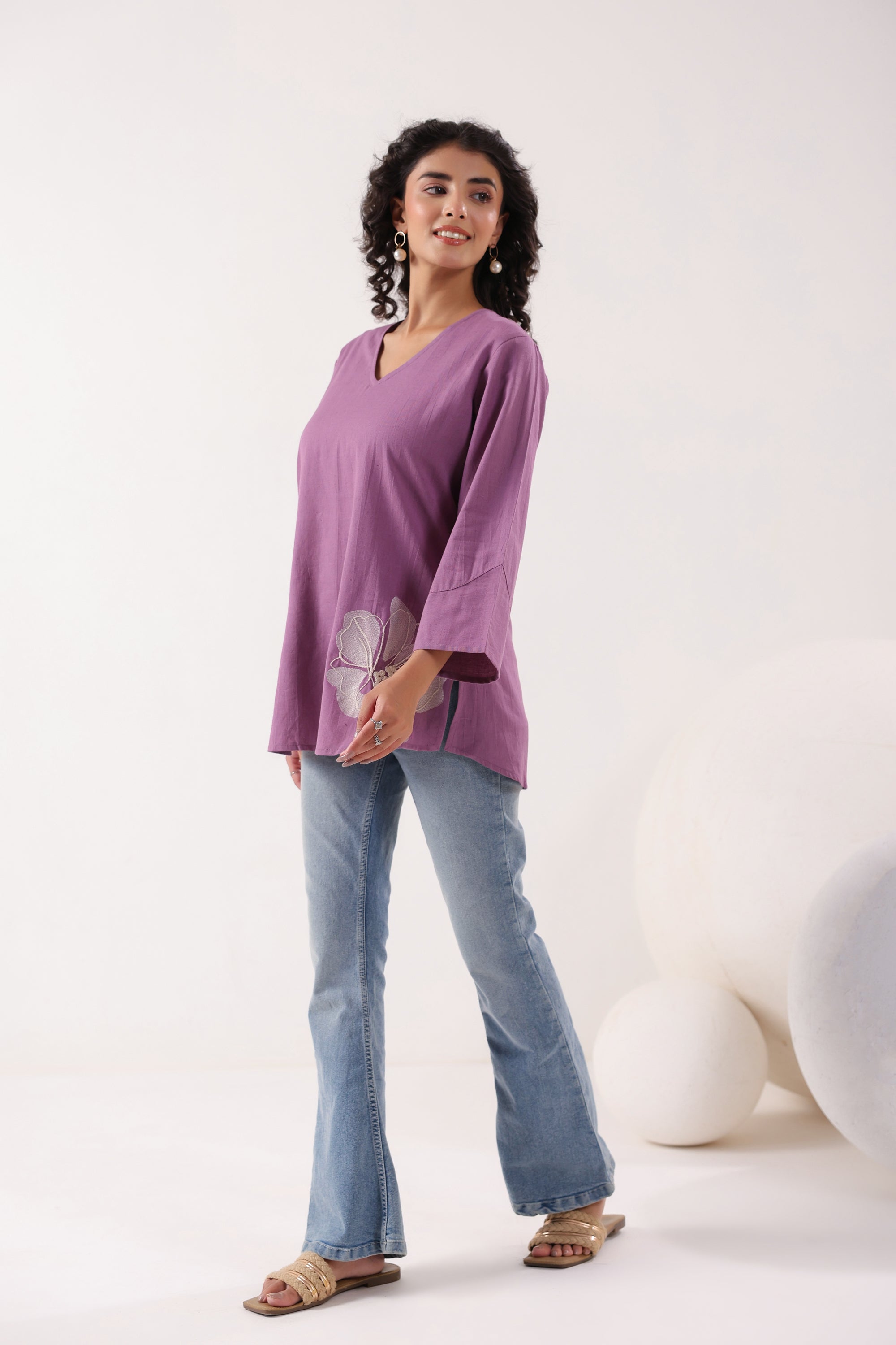 Blossom Breeze Cotton Flex Purple Embroidered Top
