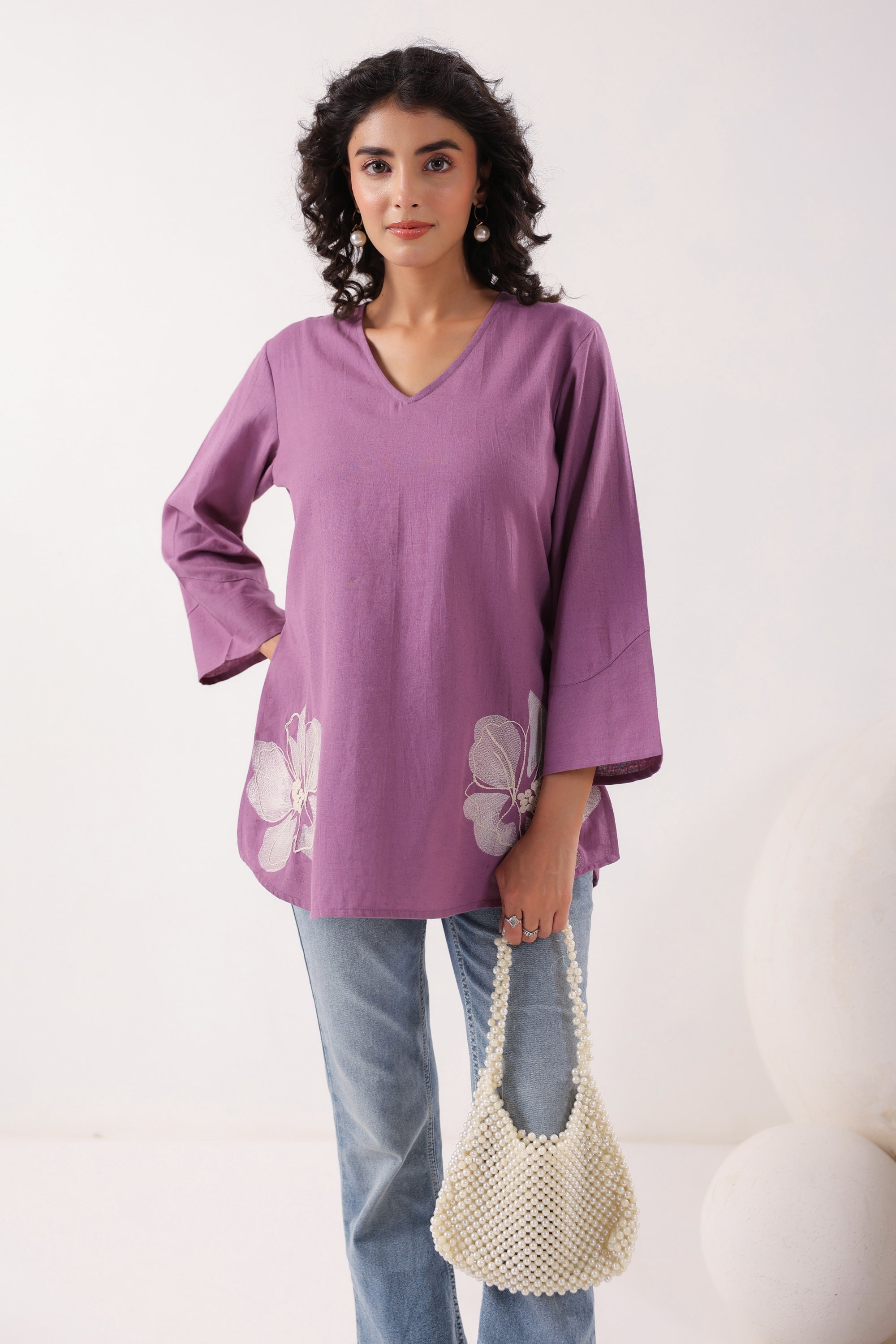 Blossom Breeze Cotton Flex Purple Embroidered Top