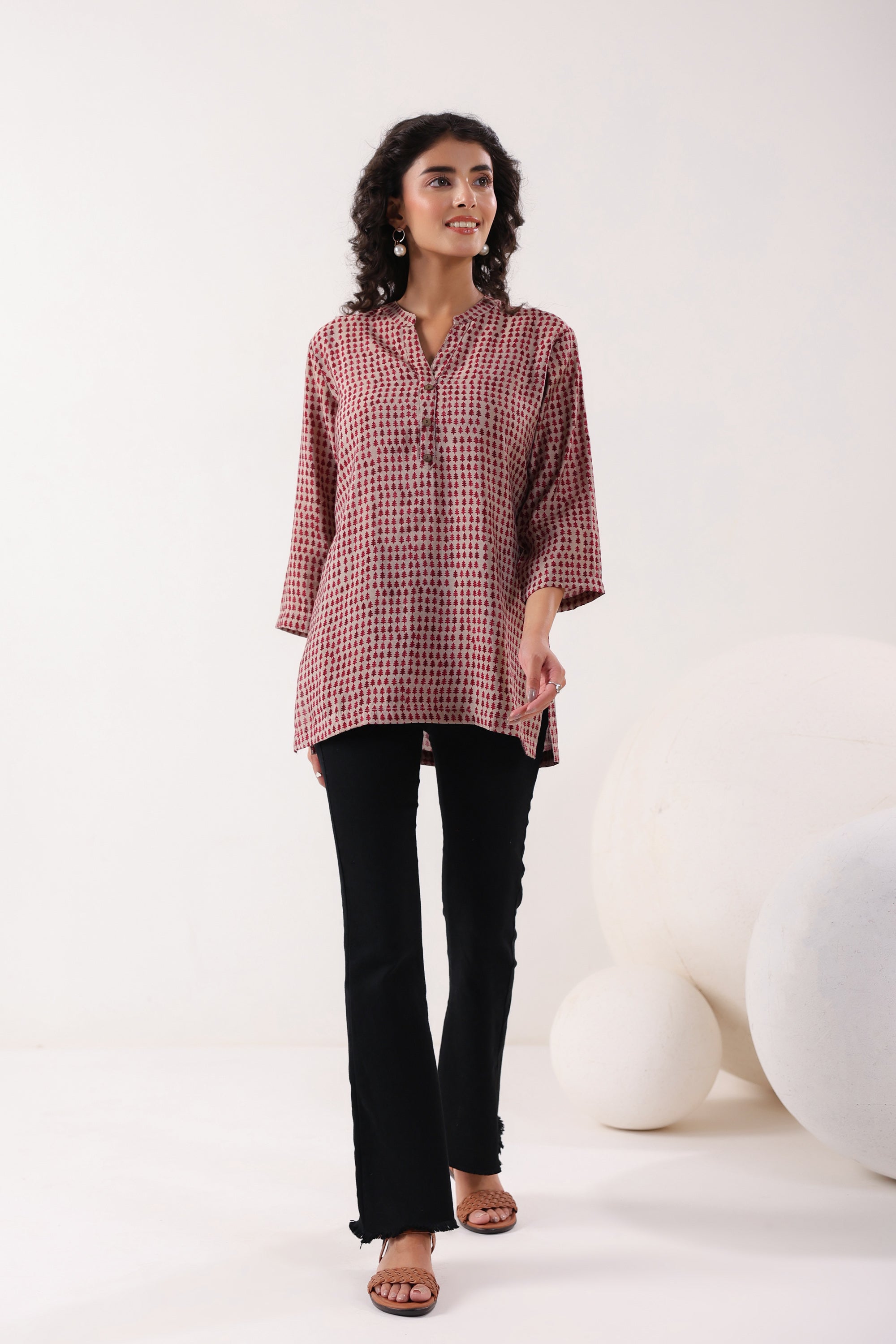 Red & Pink Geometric Muslin Top