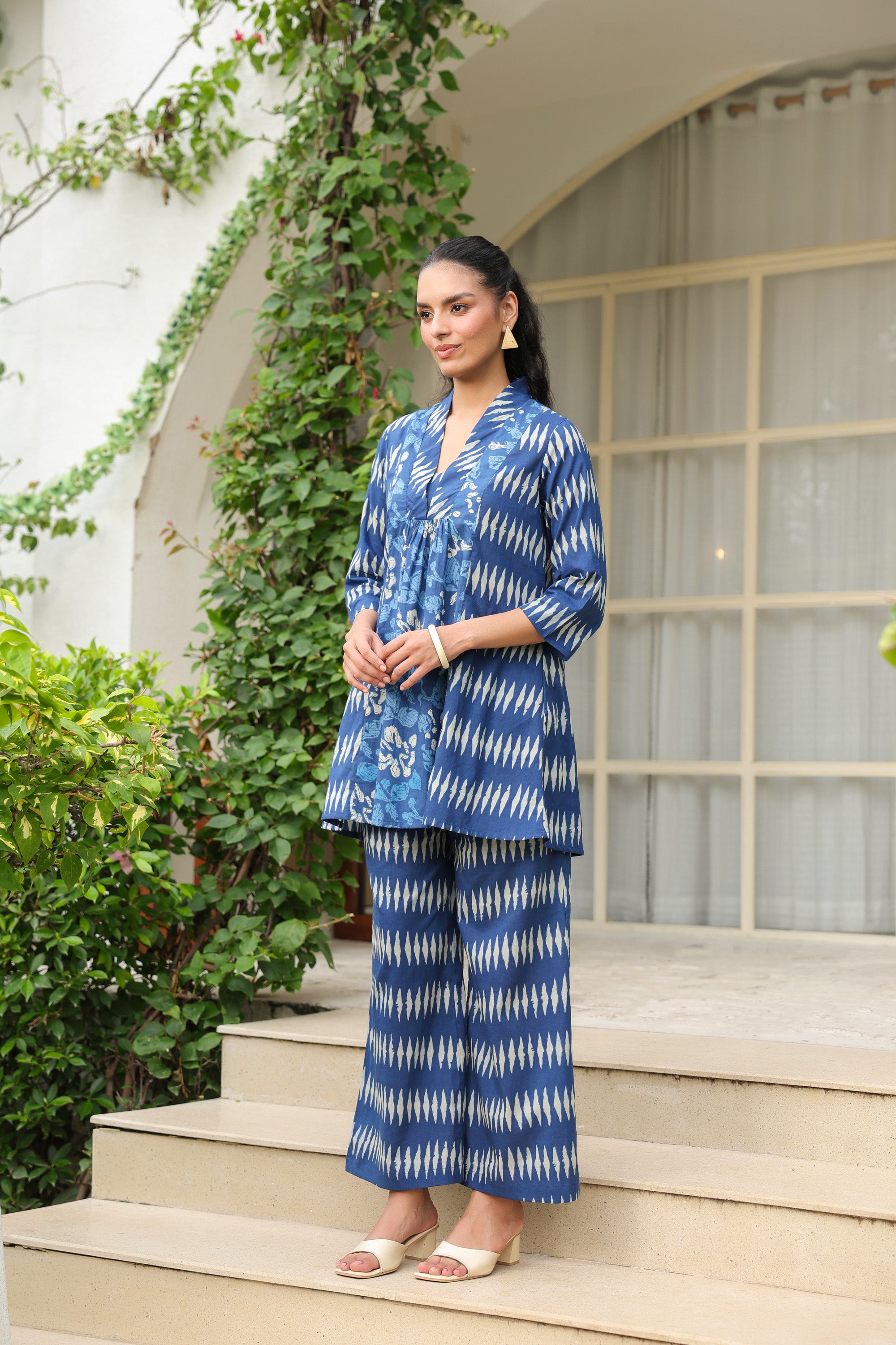 Blue Essence Ikat Fusion Printed Cotton Co-ord Set