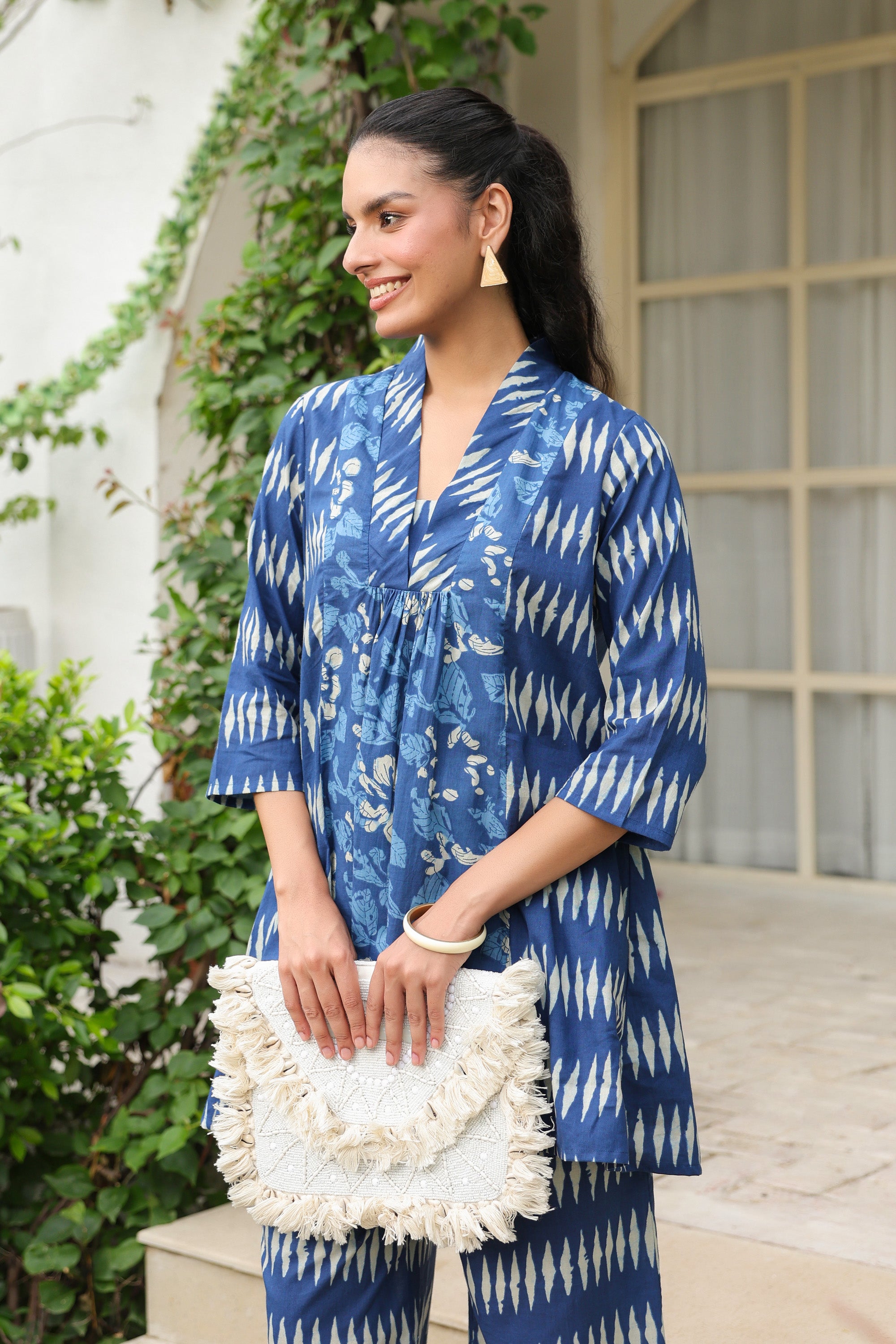 Blue Essence Ikat Fusion Printed Cotton Co-ord Set