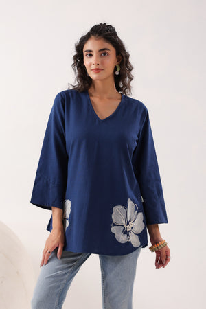 Swirl Essence Collared Blue Cotton Flex Top