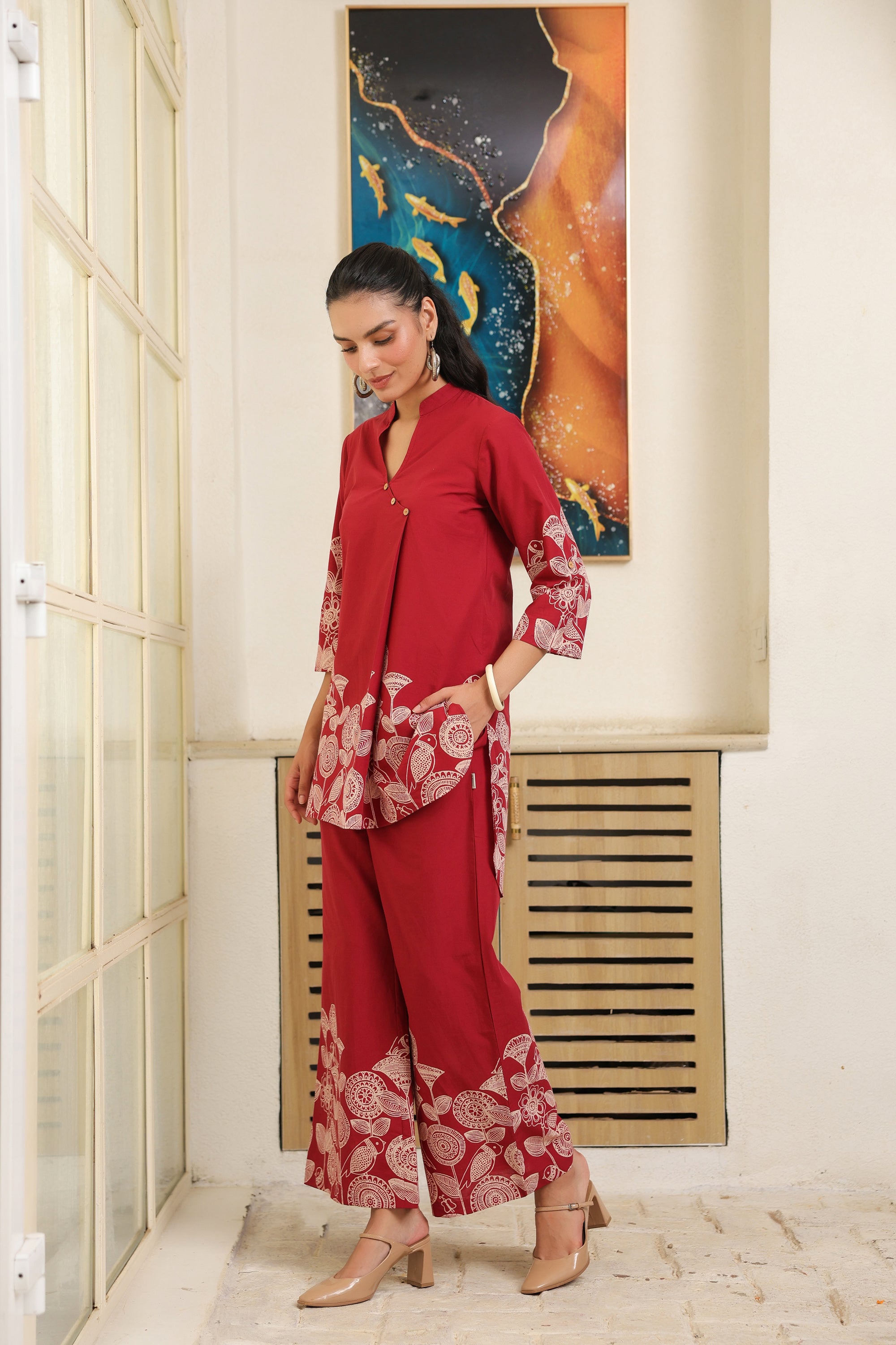 Red Floral Border Printed Cotton Co-ord Set