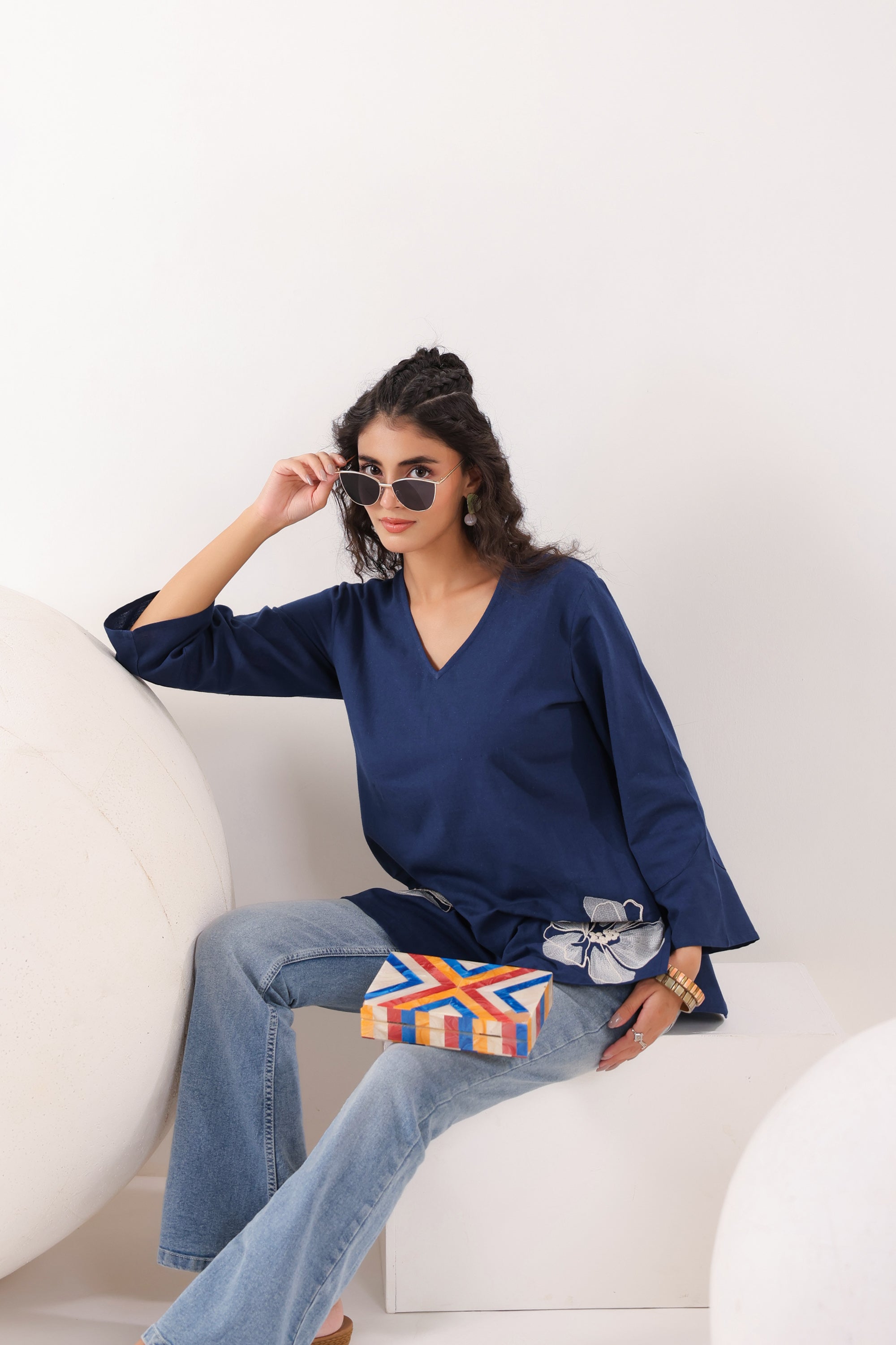 Swirl Essence Collared Blue Cotton Flex Top