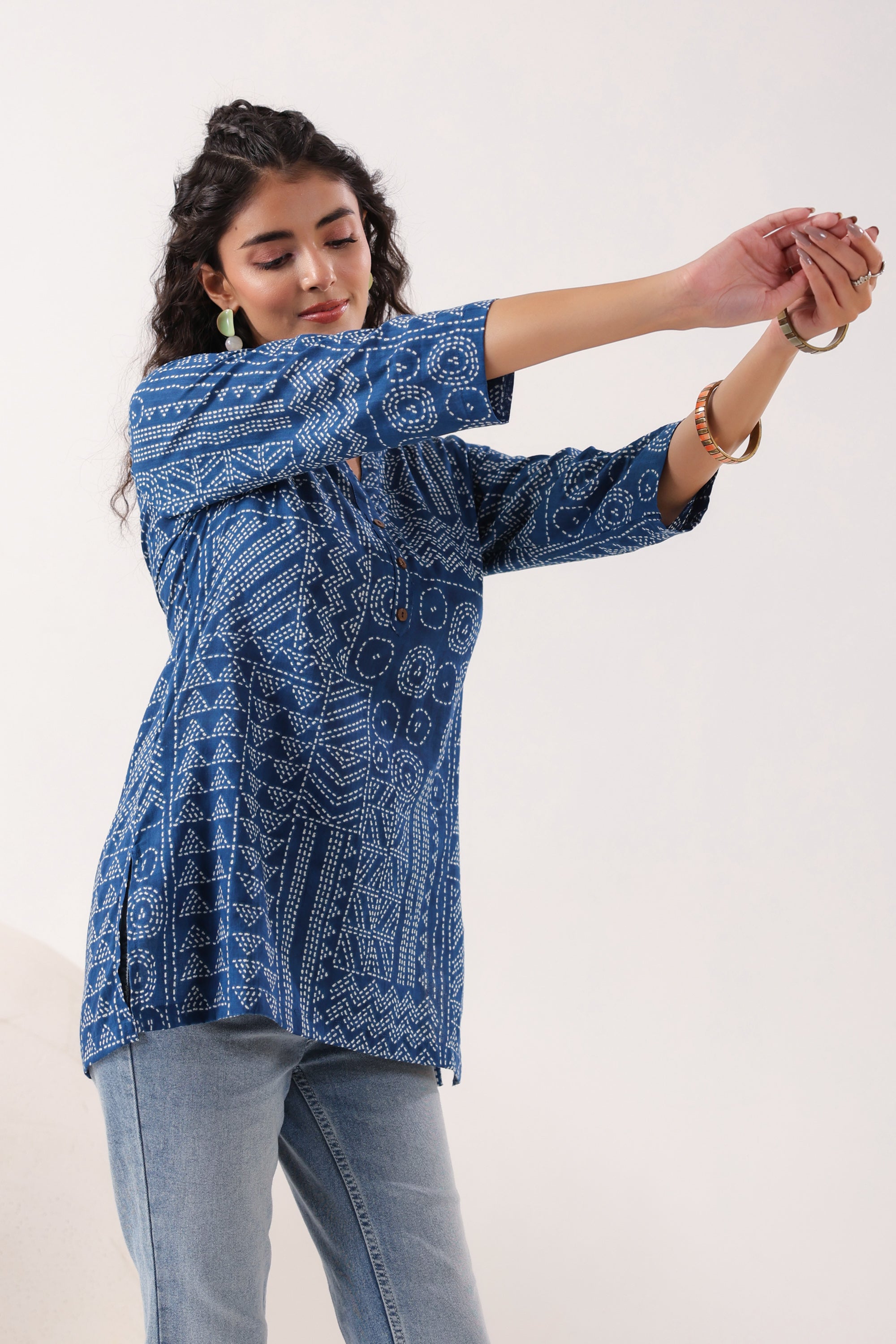 Tribal Echo Printed Blue Cotton Top