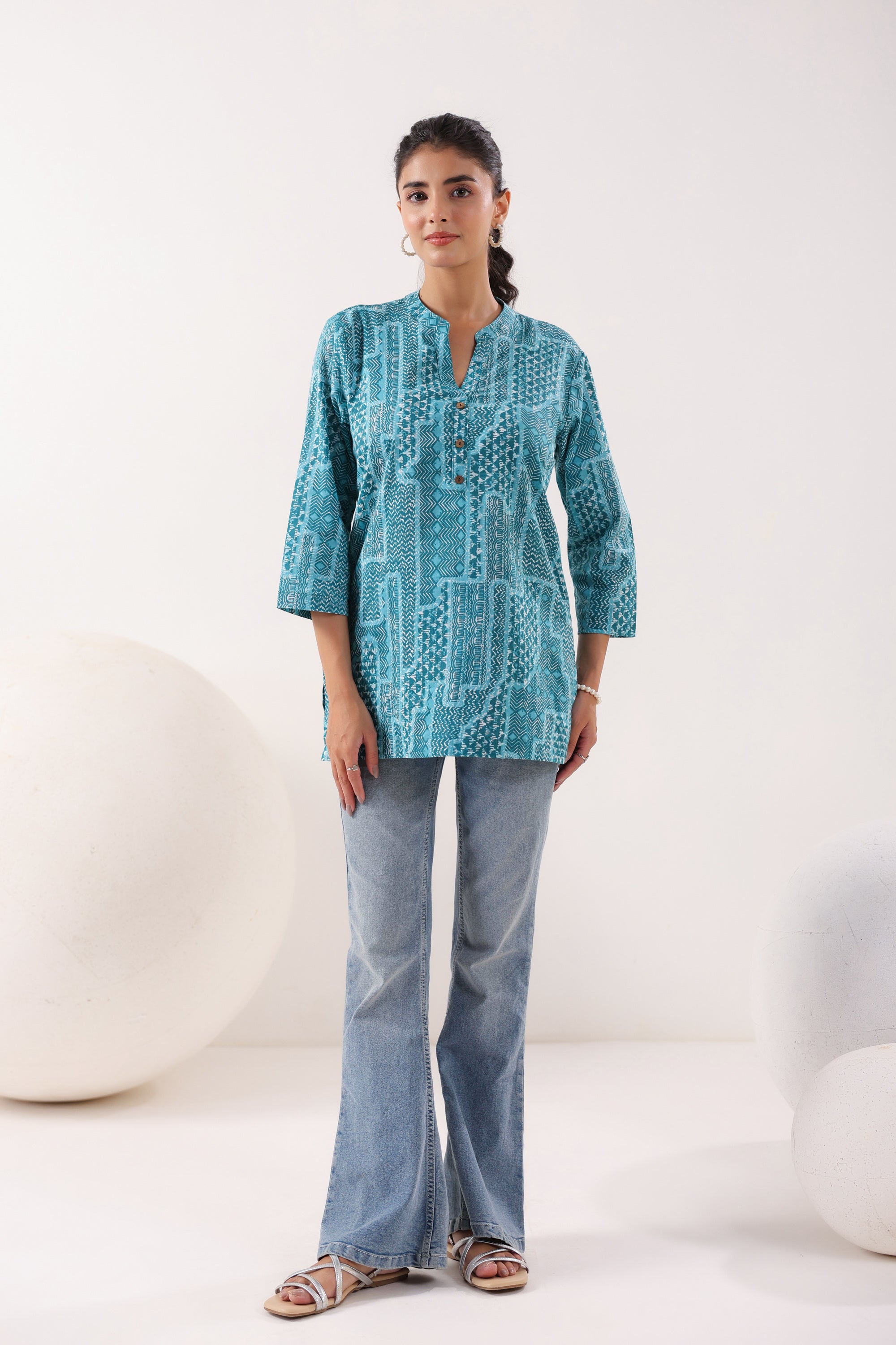 Everyday Ethnic Ensemble Turquoise Printed Cotton Top