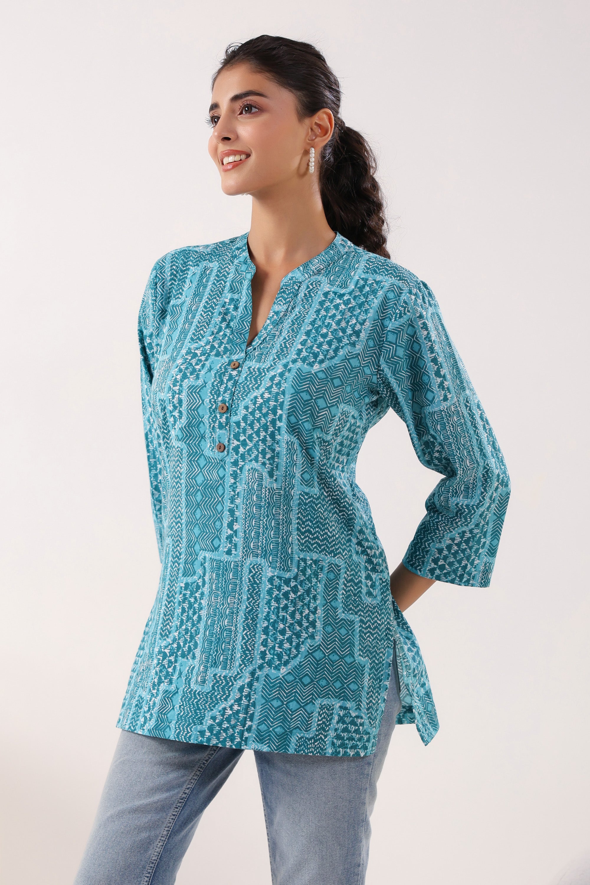Everyday Ethnic Ensemble Turquoise Printed Cotton Top