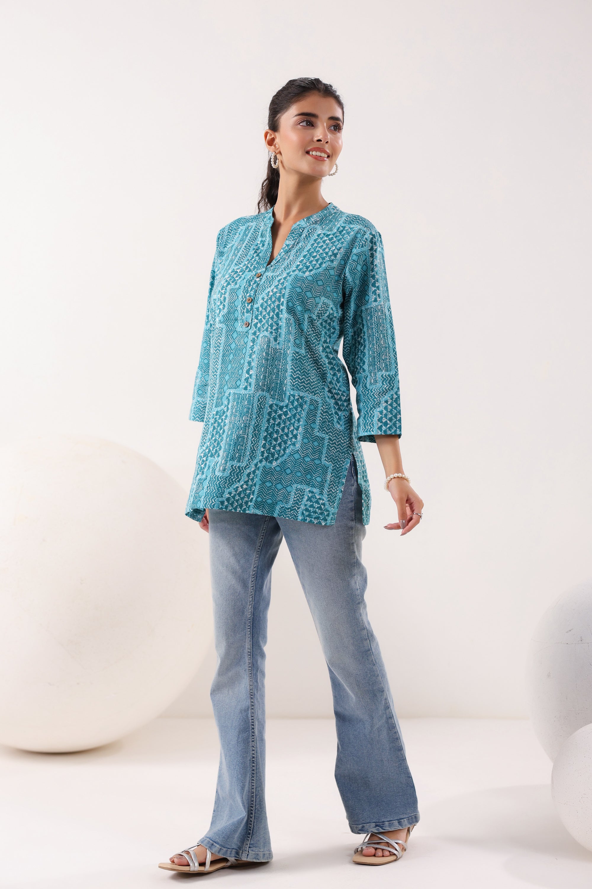 Everyday Ethnic Ensemble Turquoise Printed Cotton Top