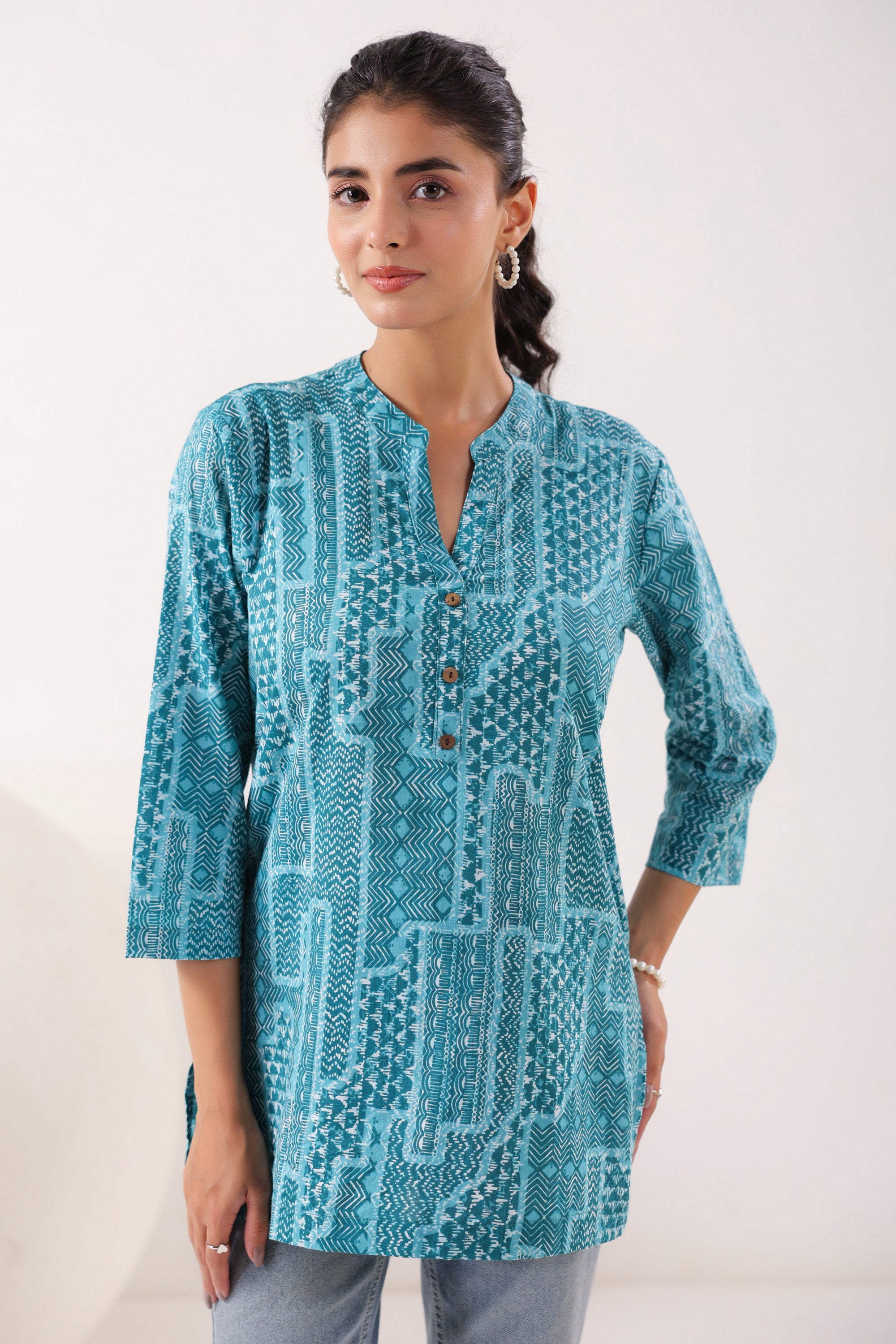 Everyday Ethnic Ensemble Turquoise Printed Cotton Top