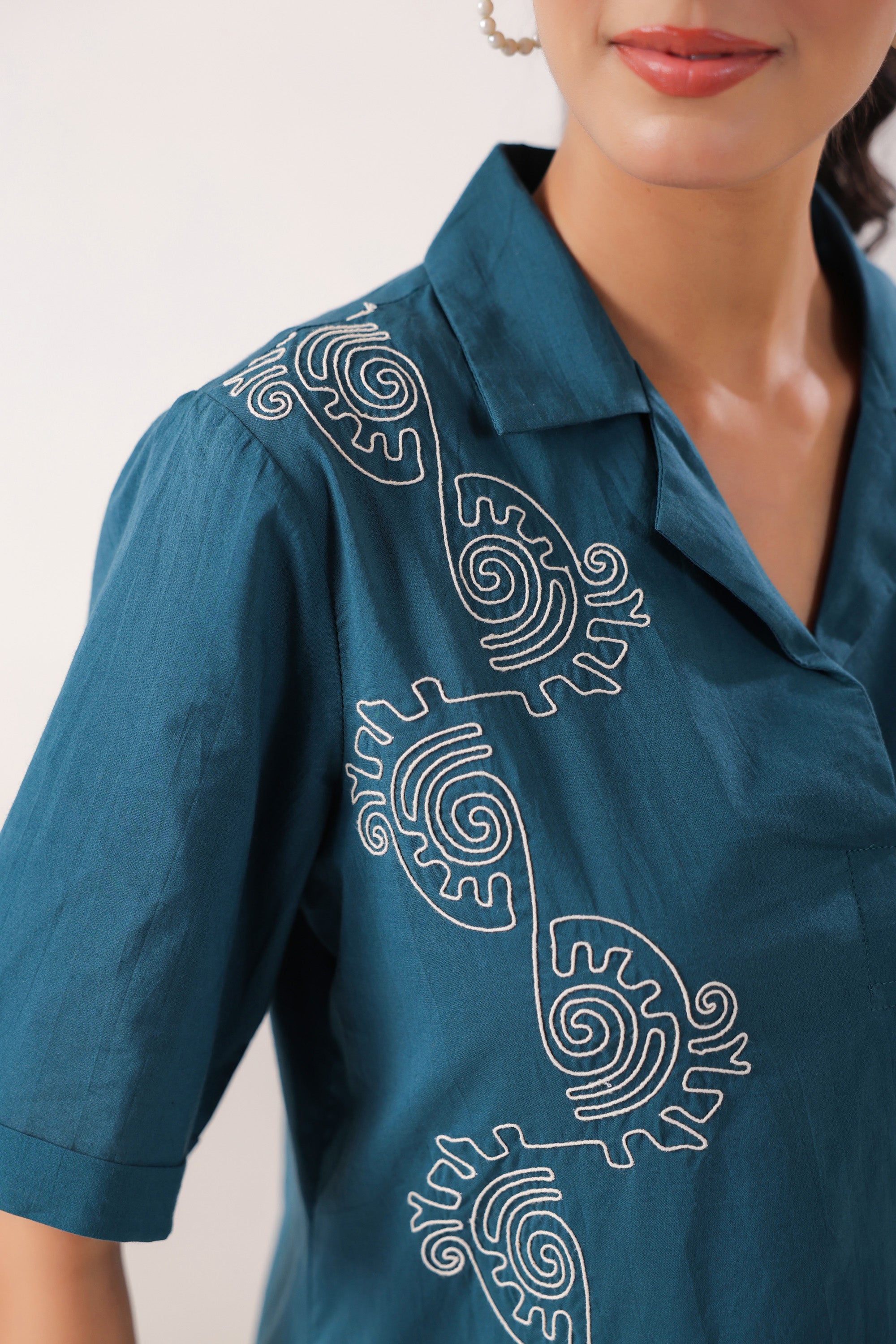 Spiral Elegance Teal Cotton Embroidered Top