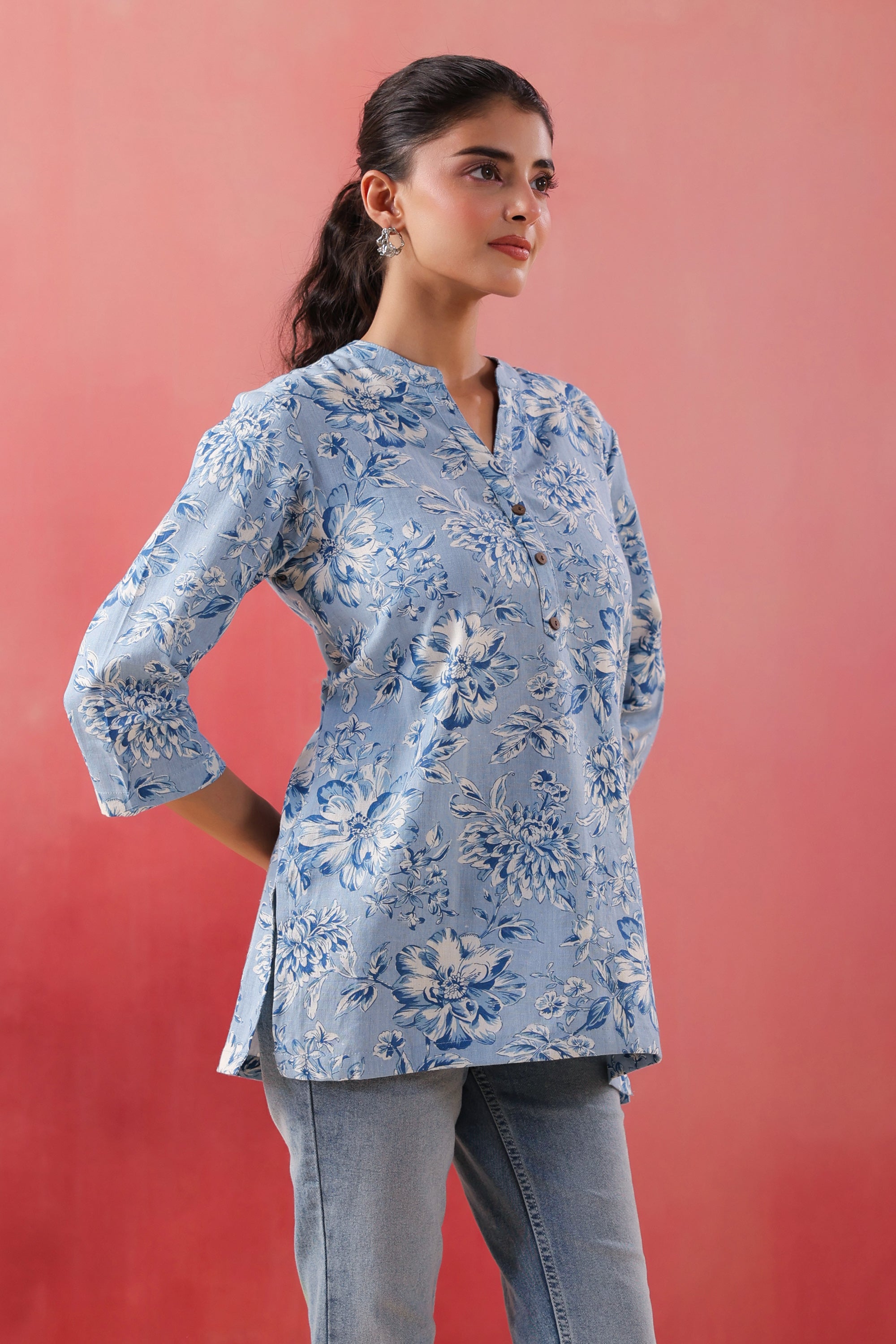 Teal Tide Everyday Blue Printed Cotton Flex Top