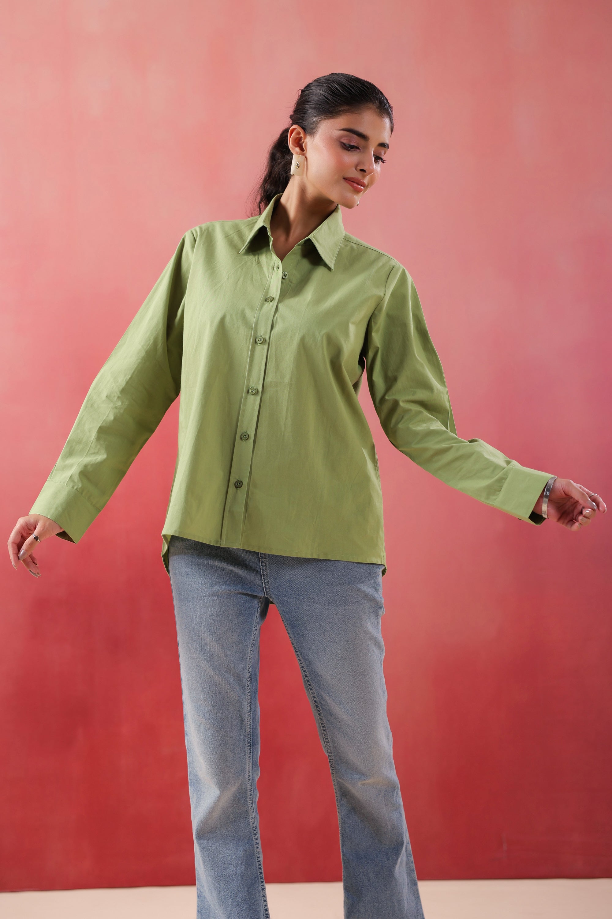 Pastel Meadow Long Sleeve Green Poplin Shirt