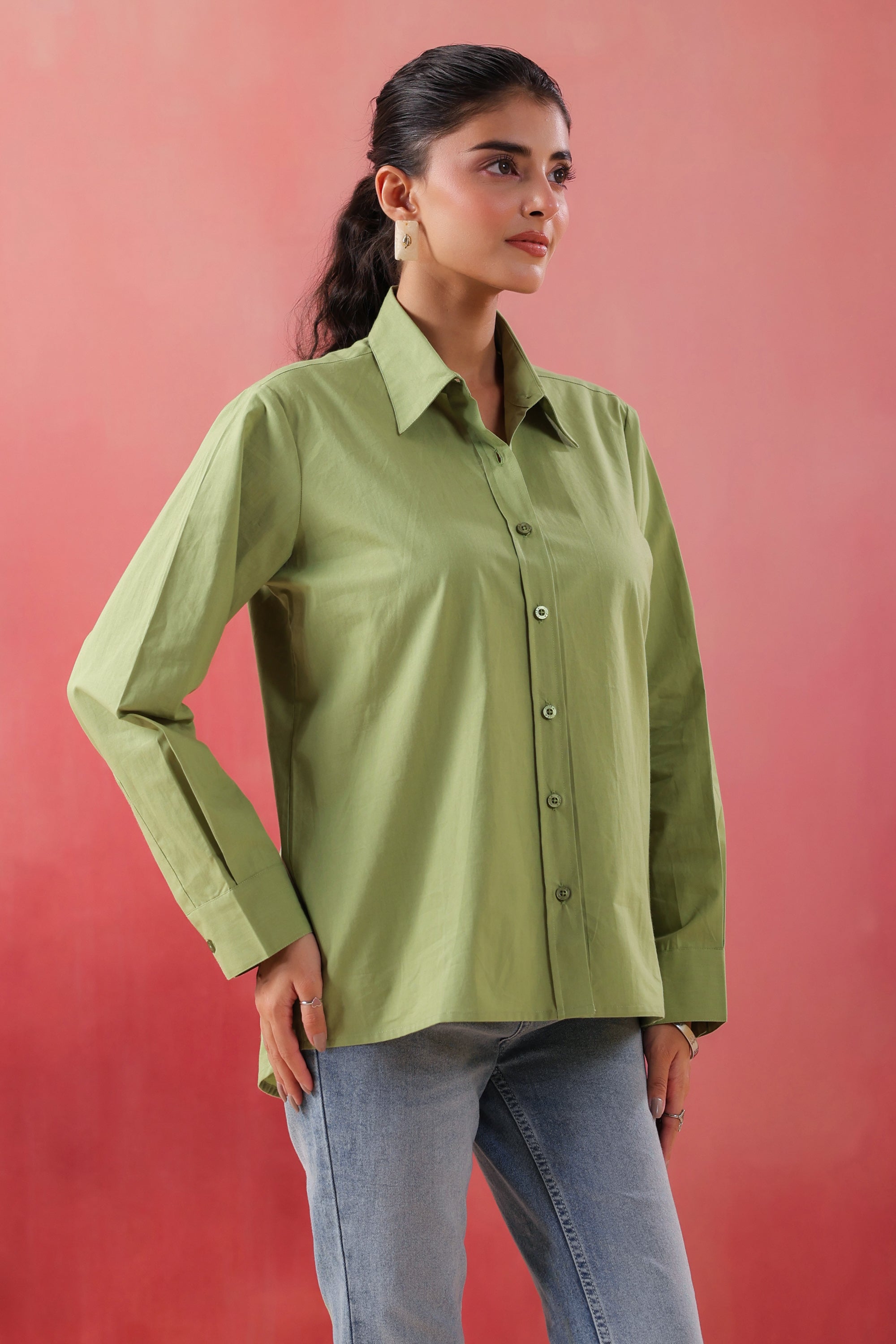Pastel Meadow Long Sleeve Green Poplin Shirt