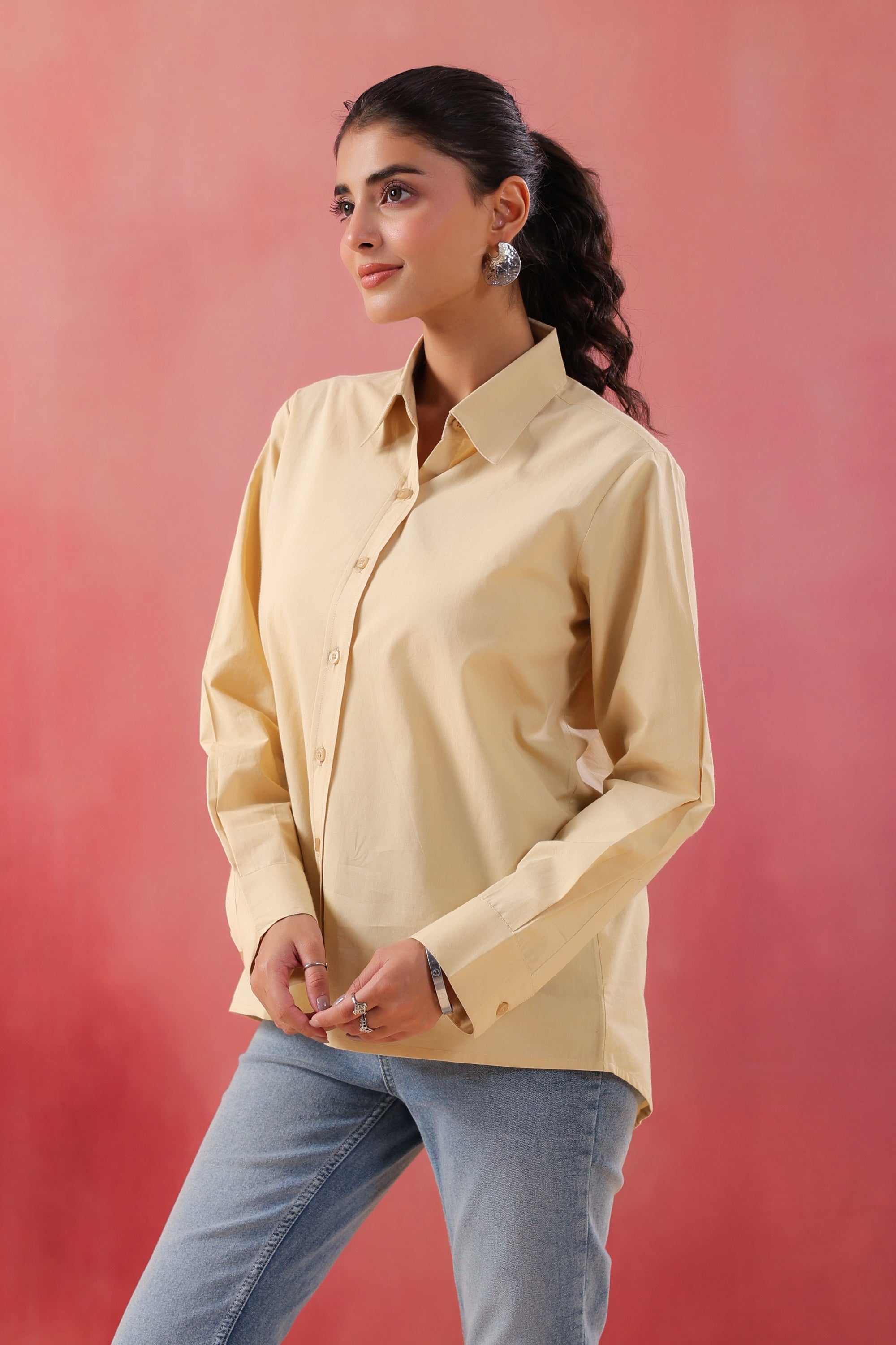 Sunny Whisper Collared Beige Poplin Shirt