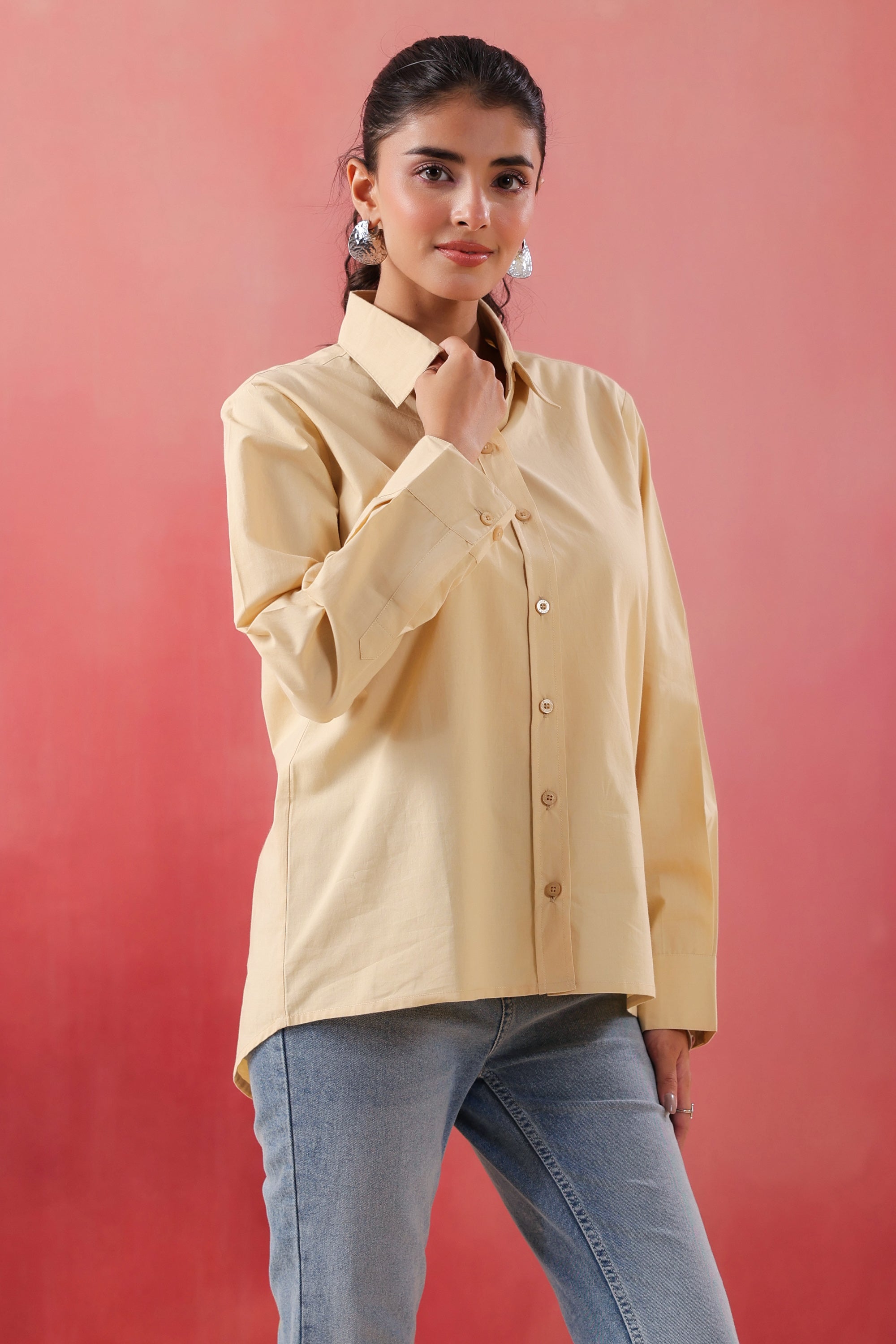 Sunny Whisper Collared Beige Poplin Shirt