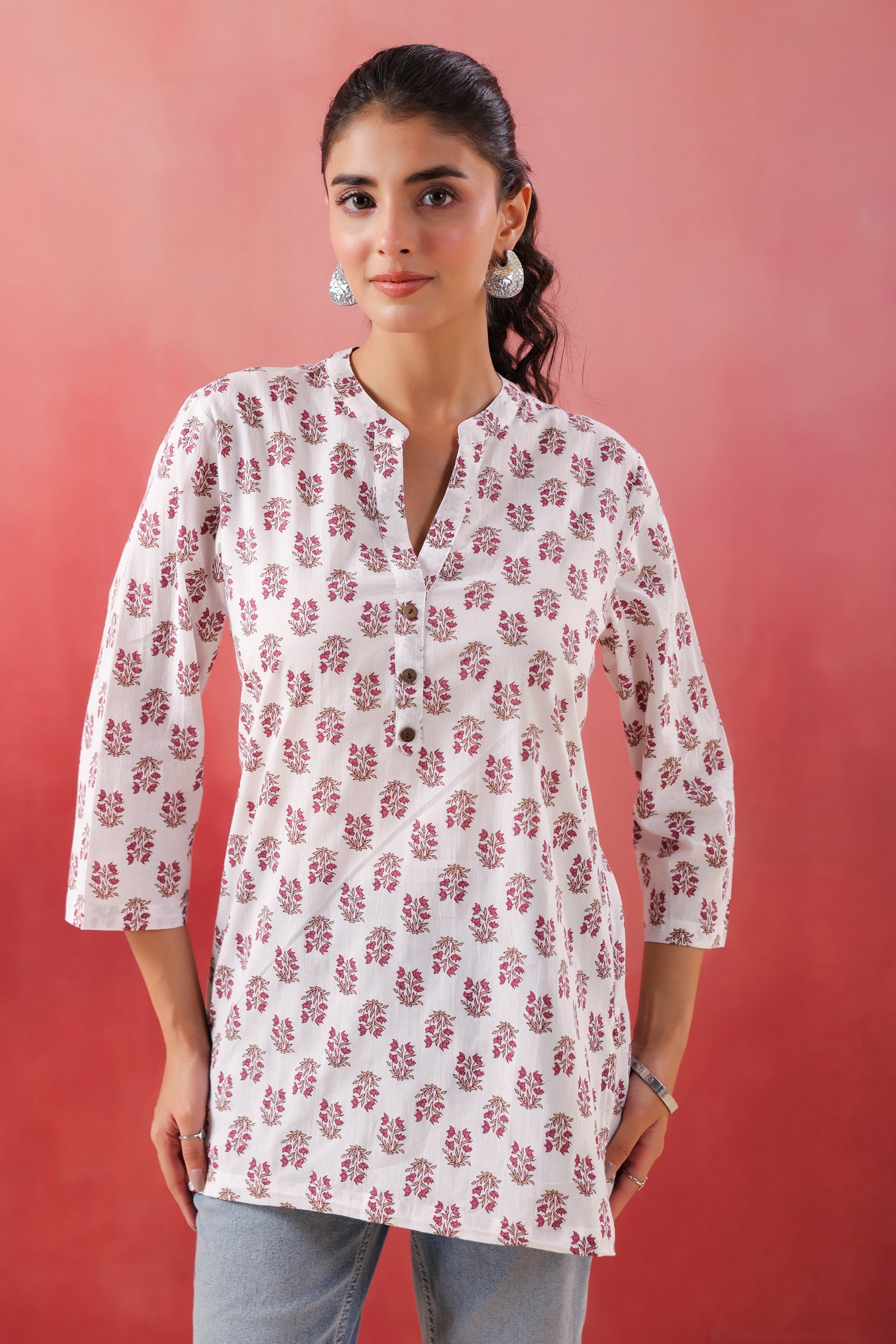 Crimson Charm White Cotton Printed Top