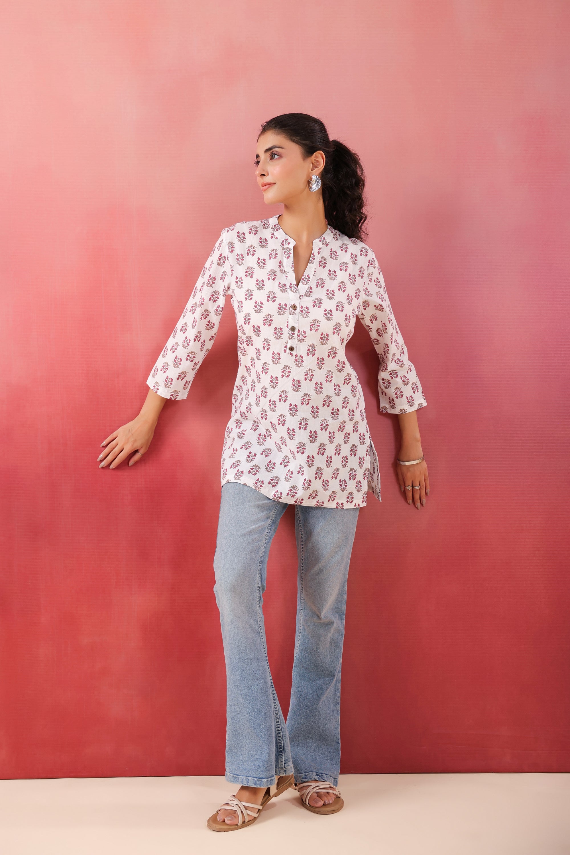 Crimson Charm White Cotton Printed Top