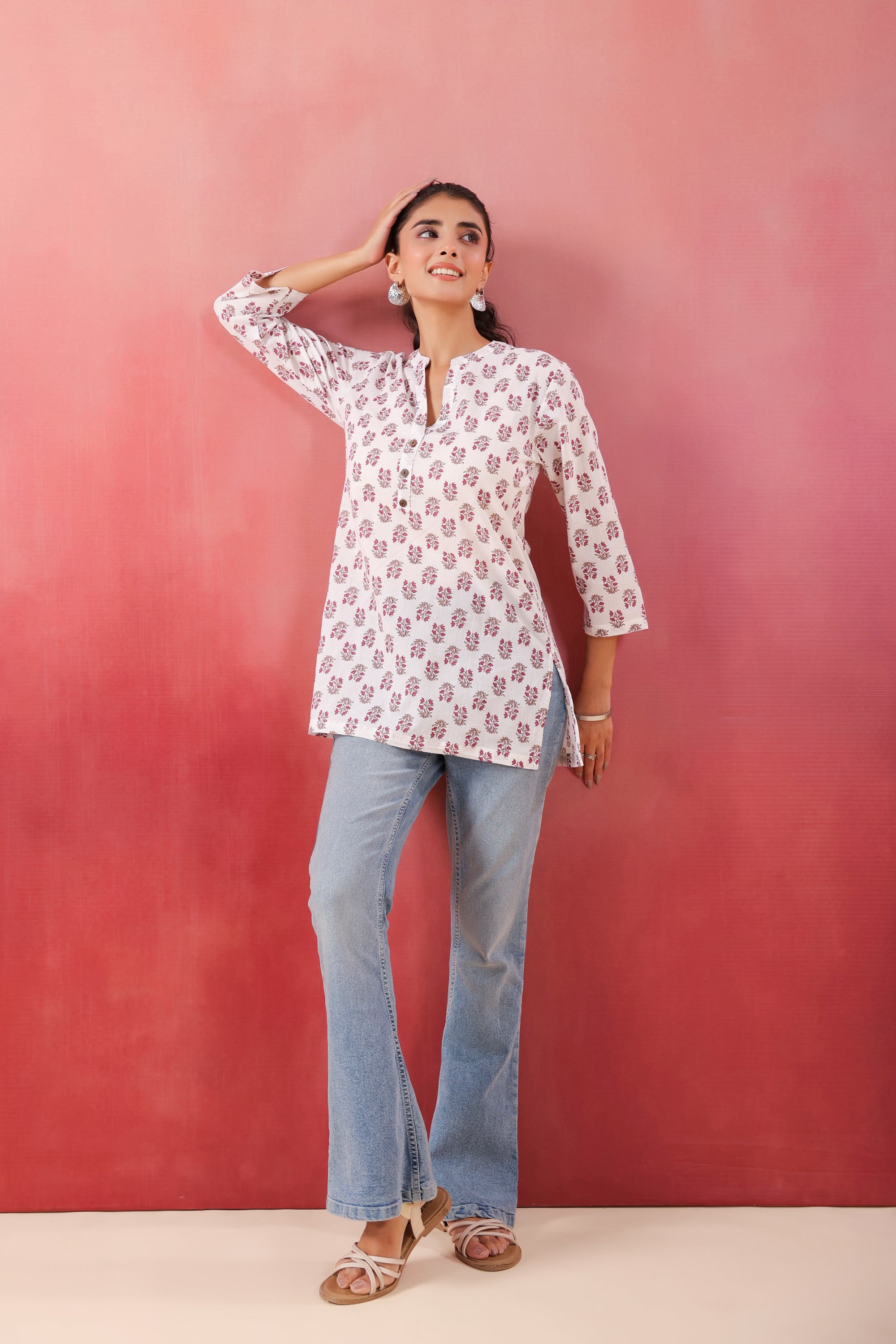 Crimson Charm White Cotton Printed Top