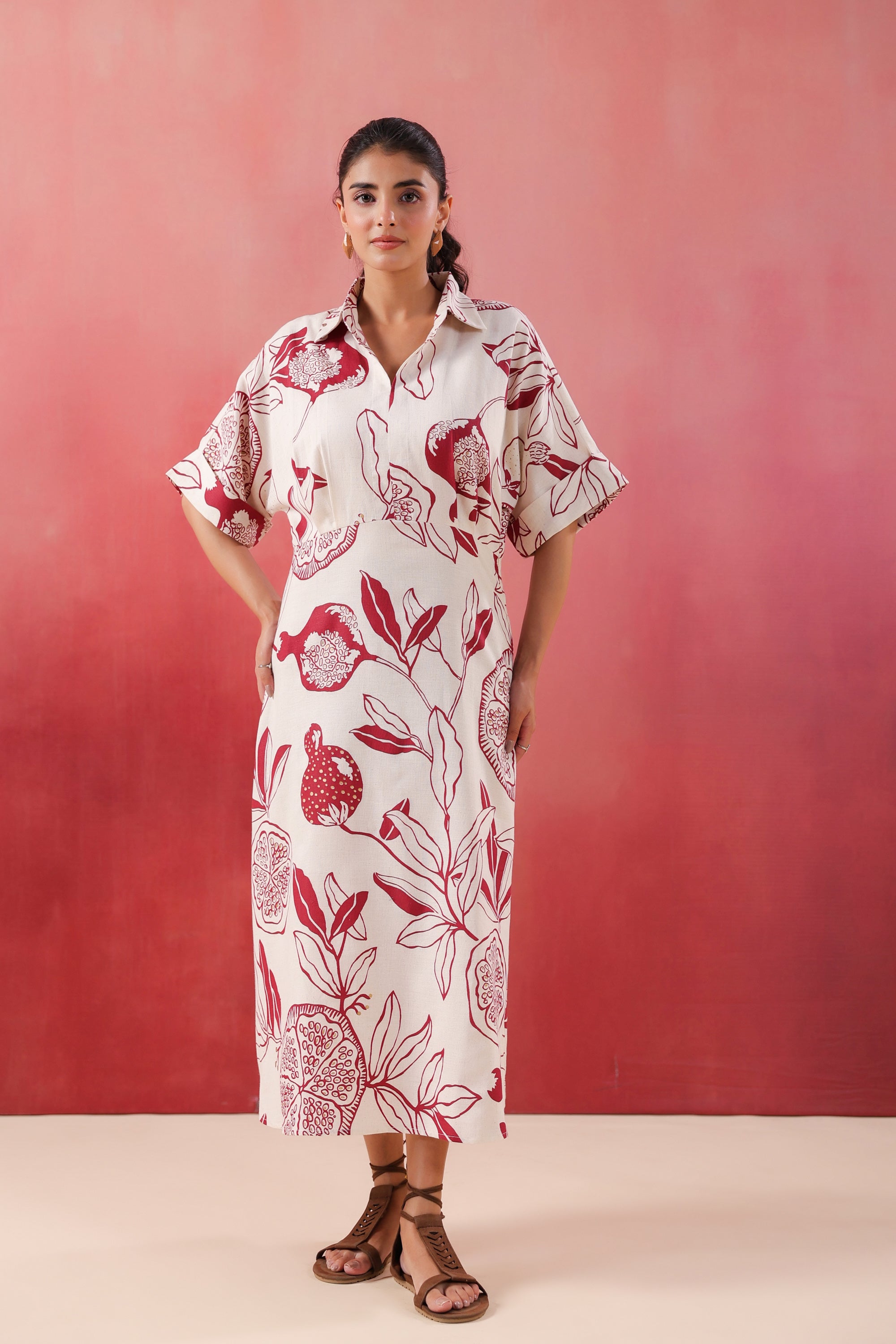 Ivory Pomegranate Printed Maroon Cotton Flex Dress