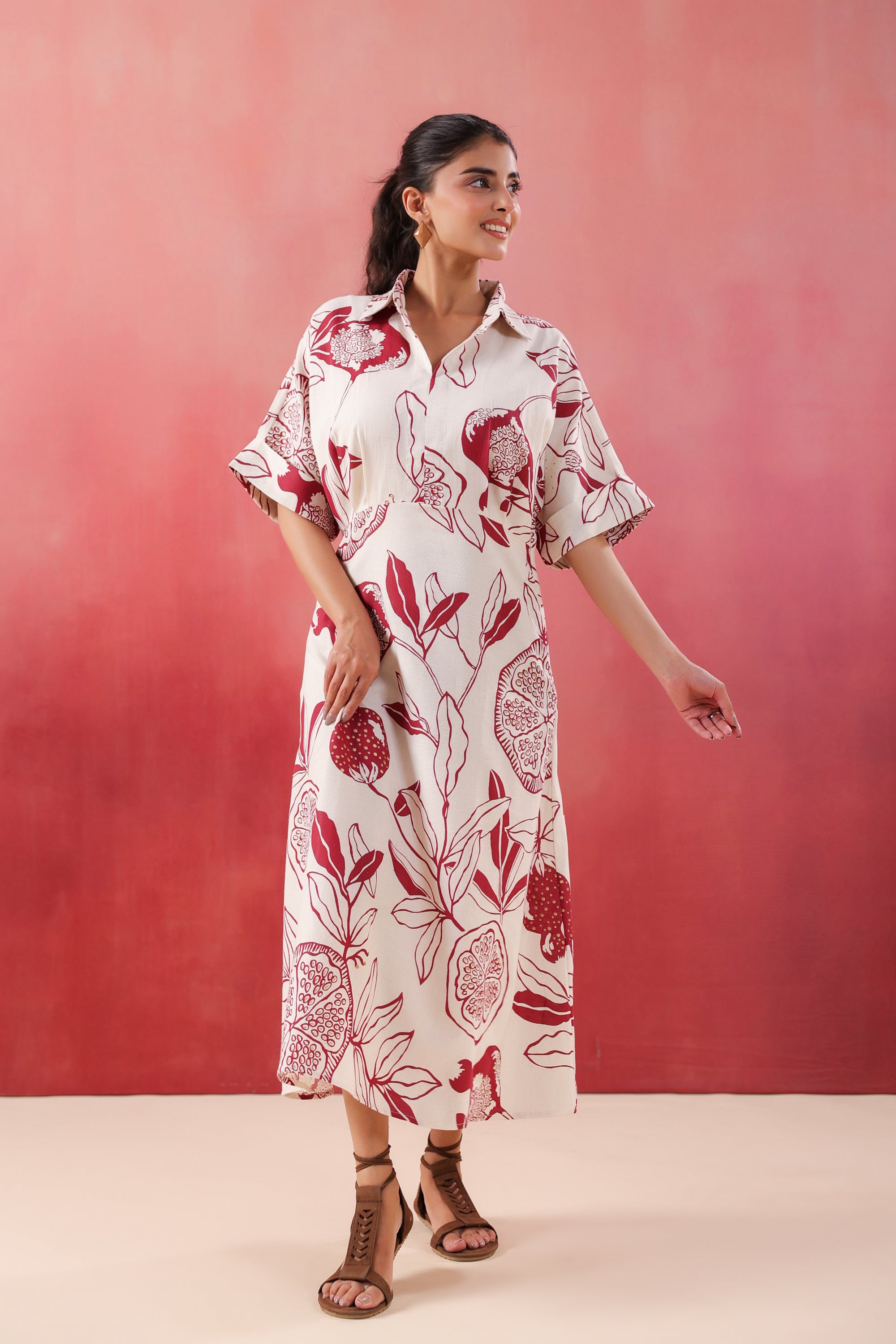 Ivory Pomegranate Printed Maroon Cotton Flex Dress